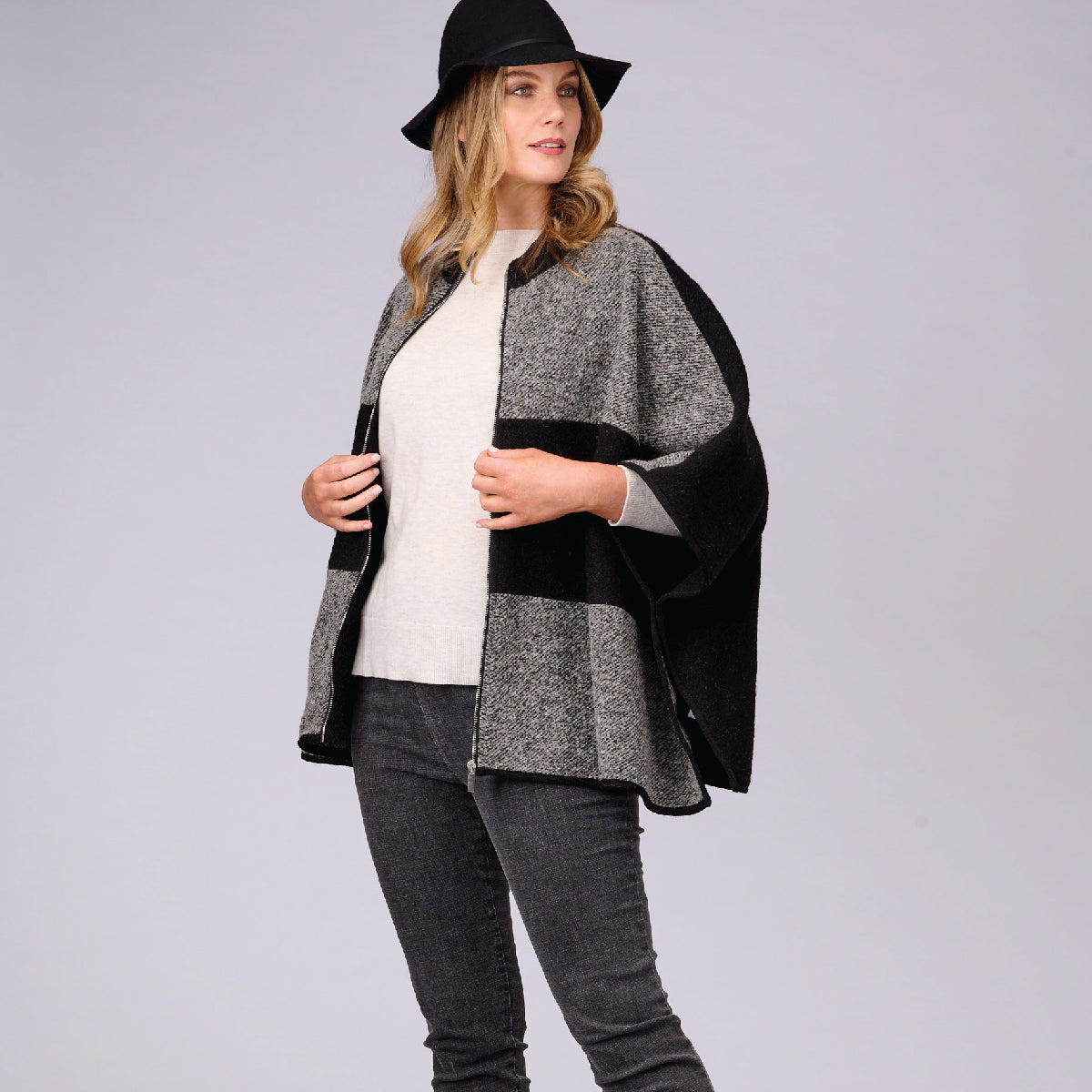 Boiled Wool Zip Poncho
