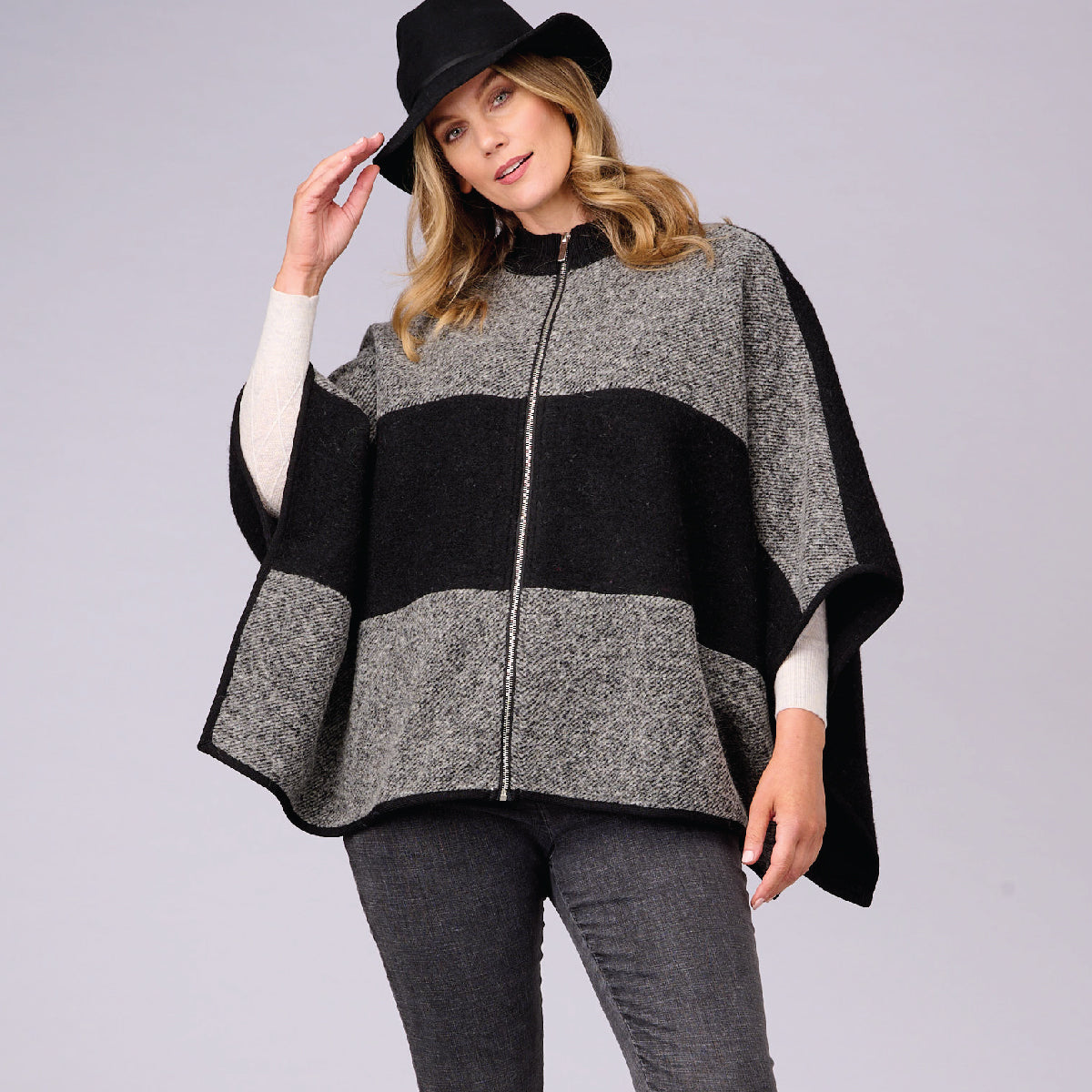 Boiled Wool Zip Poncho