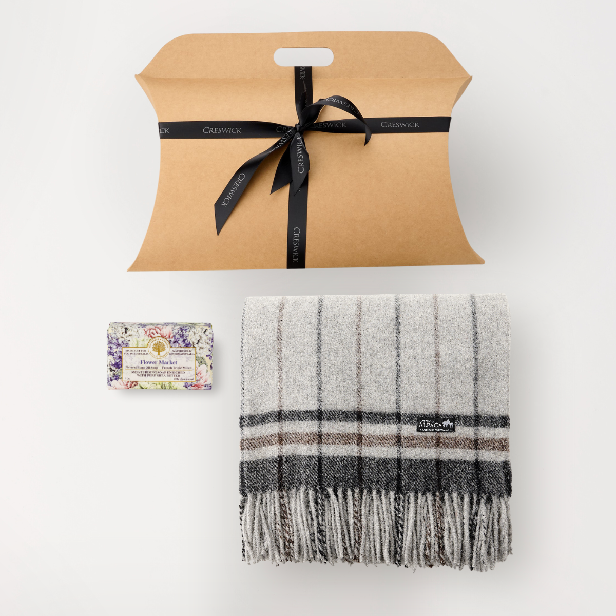 Hug in a Gift Pack - Alpaca Wool Throw Fringe Stripe & Flower Market Soap