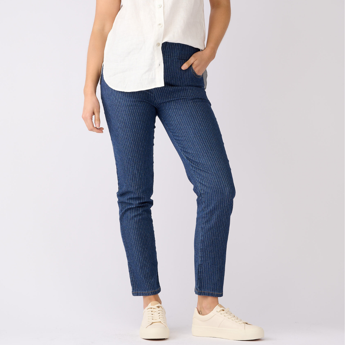 Pinstripe Denim Pants - Slim Leg 7/8 Length