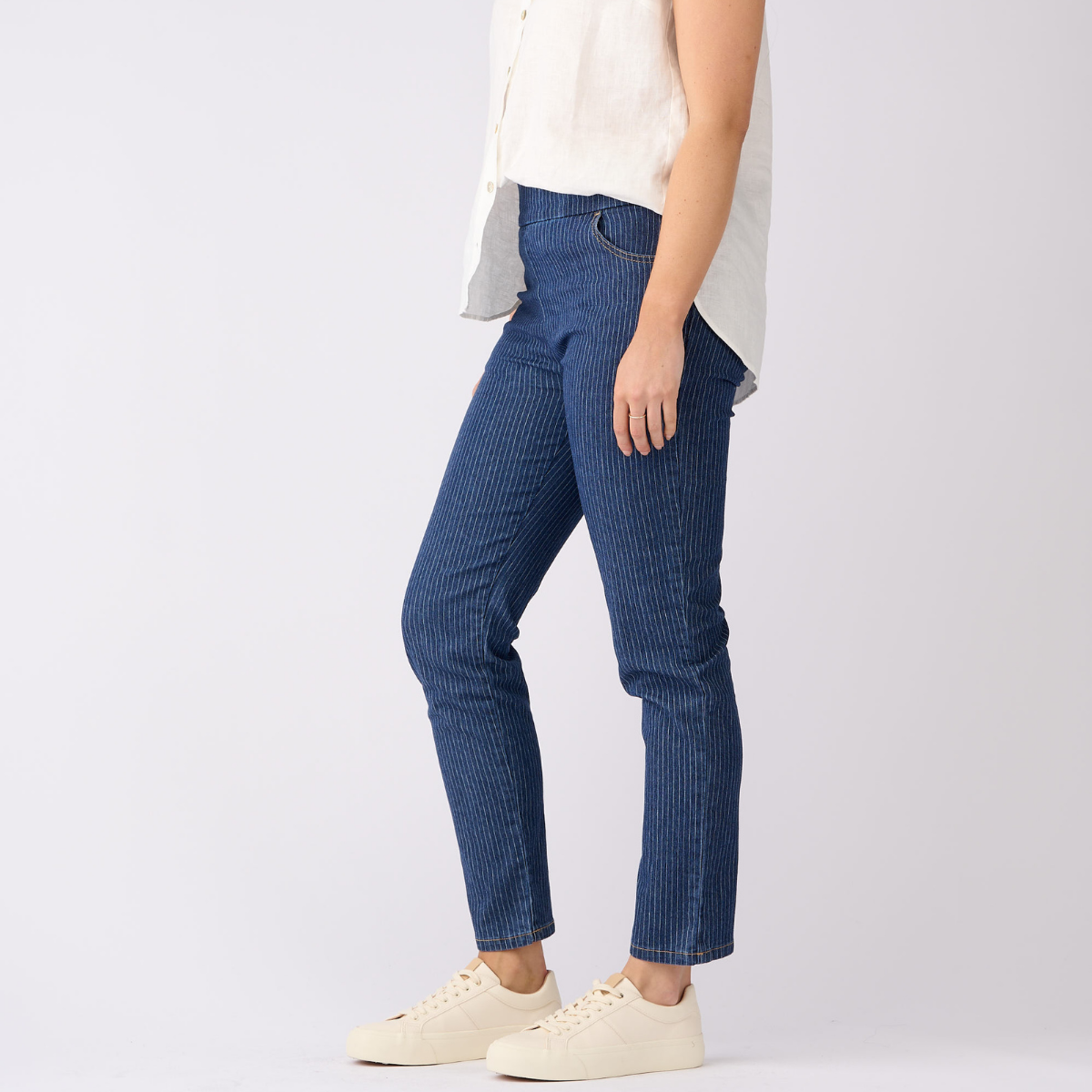 Pinstripe Denim Pants - Slim Leg 7/8 Length