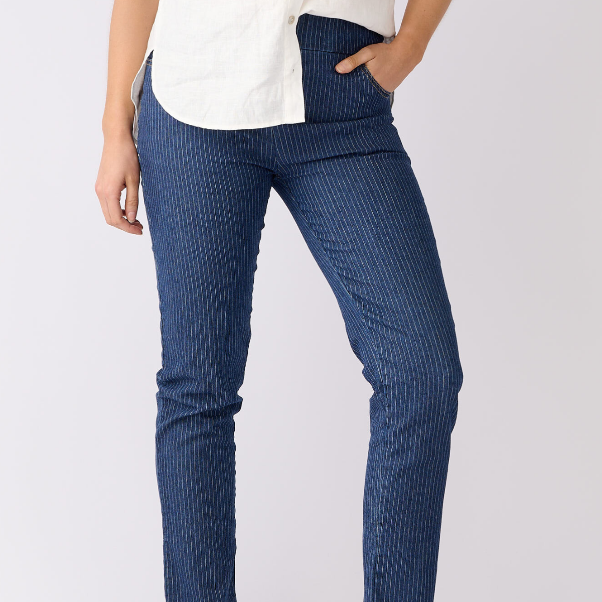 Pinstripe Denim Pants - Slim Leg 7/8 Length