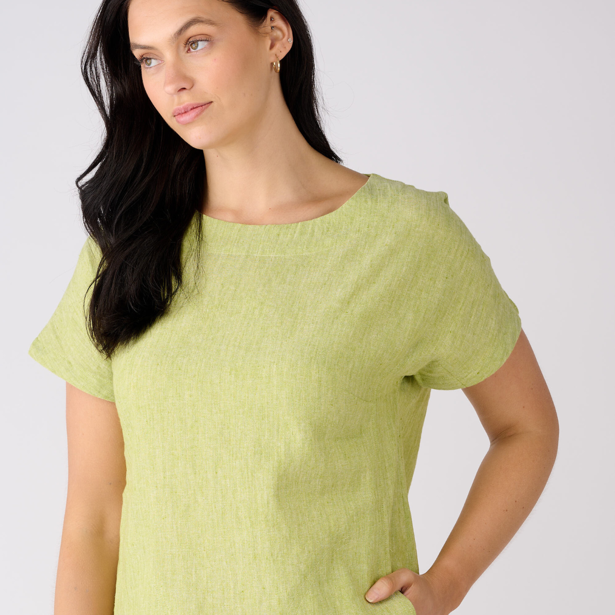 Linen Cotton Short Sleeve Pocket Detail Dress