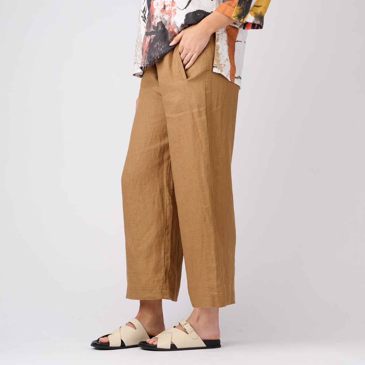 Linen 7/8 Wide Leg Elastic Waist Pants