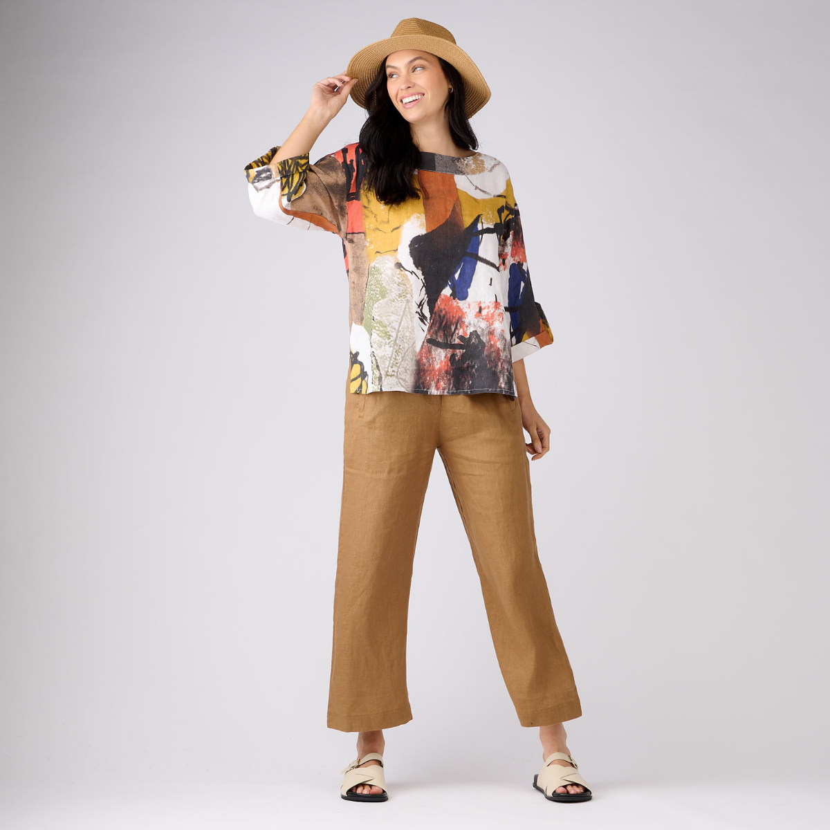 Linen 7/8 Wide Leg Elastic Waist Pants