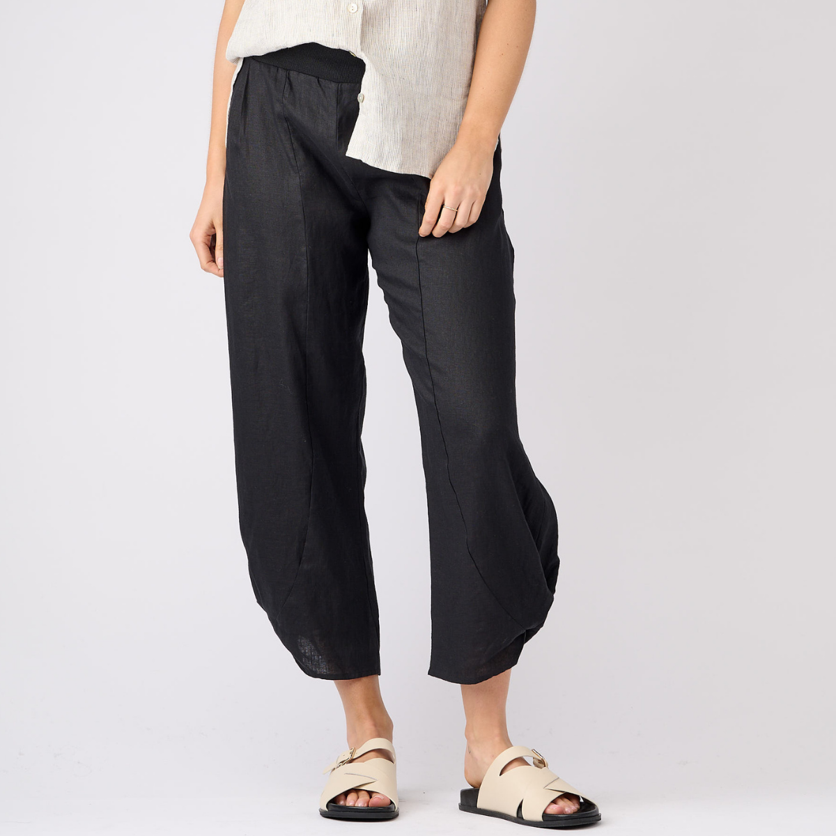 Linen Rib Waist Harem Pants