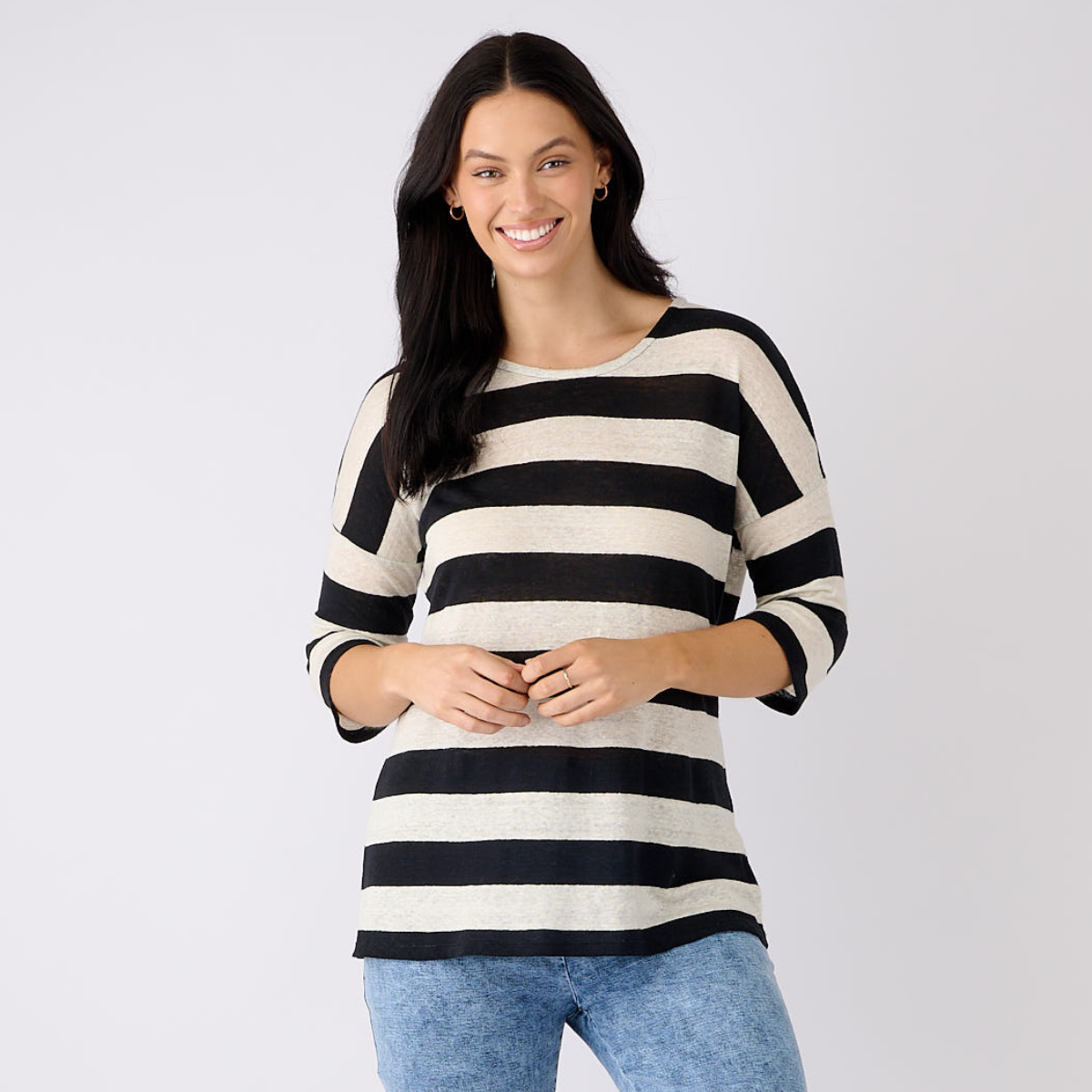 Linen Jersey Stripe 3/4 Sleeve Top