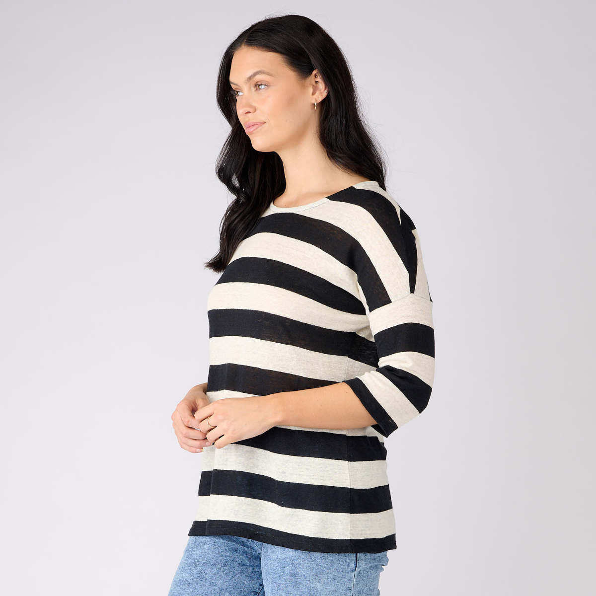 Linen Jersey Stripe 3/4 Sleeve Top