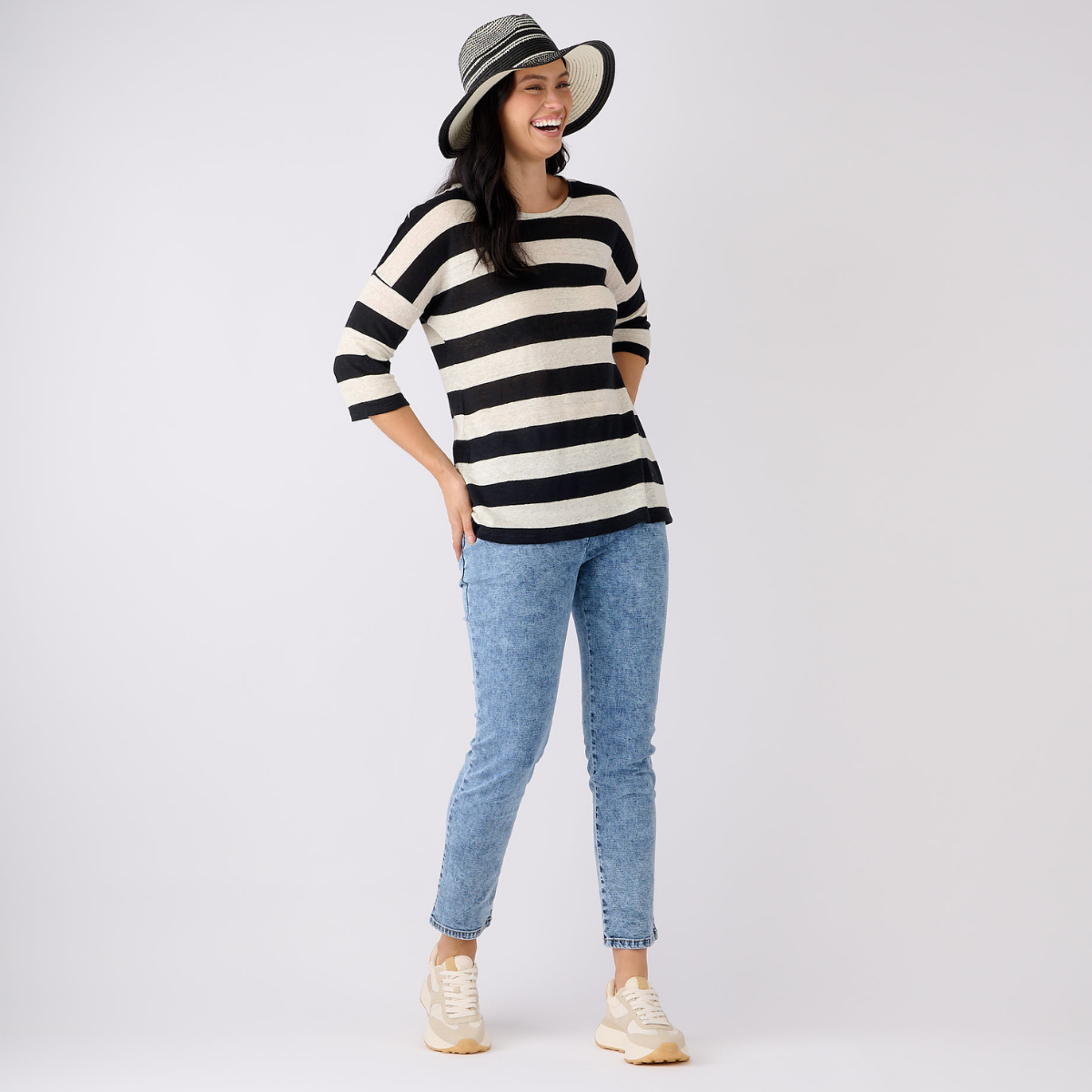 Linen Jersey Stripe 3/4 Sleeve Top