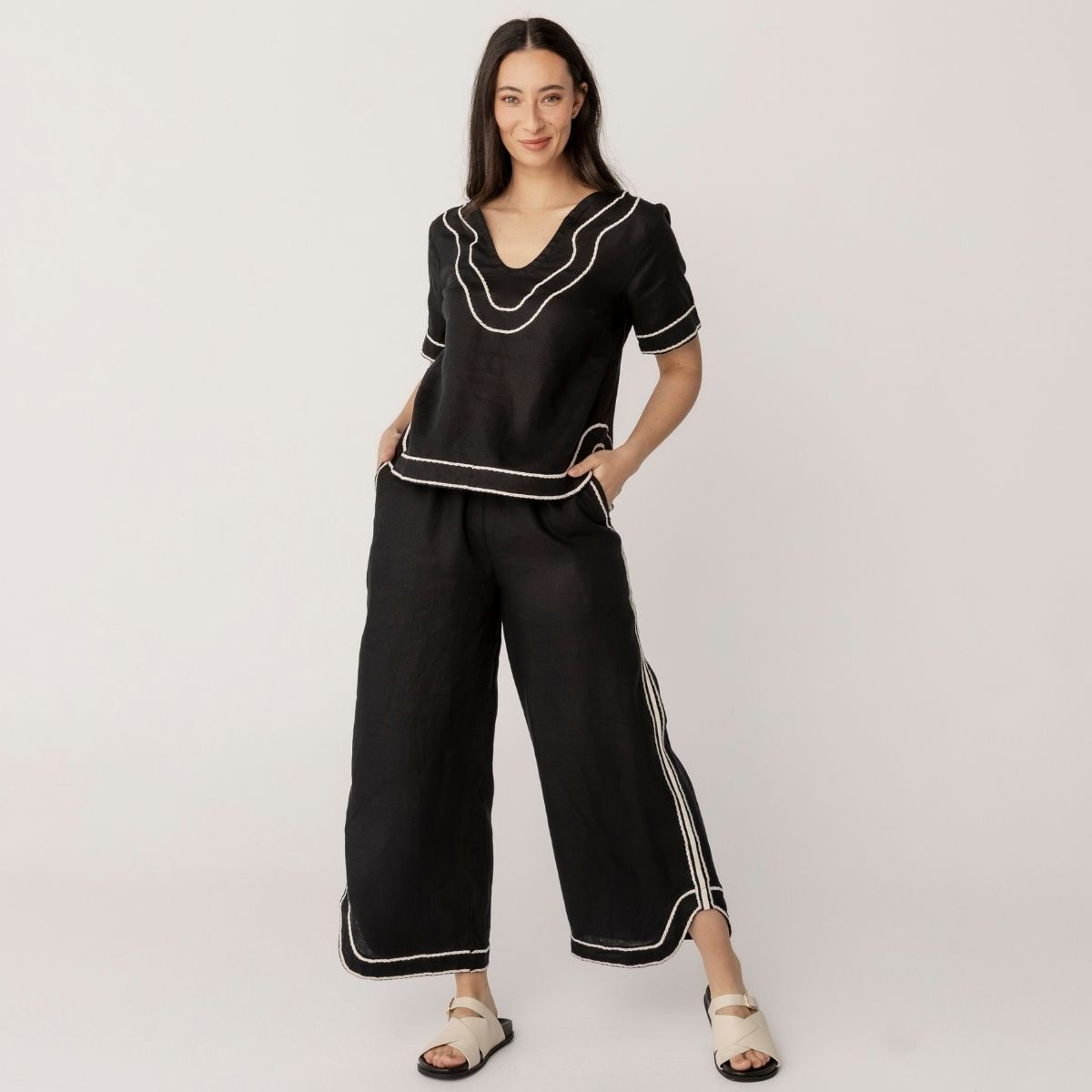 100% Linen Embroidery Trim Short Sleeve Top