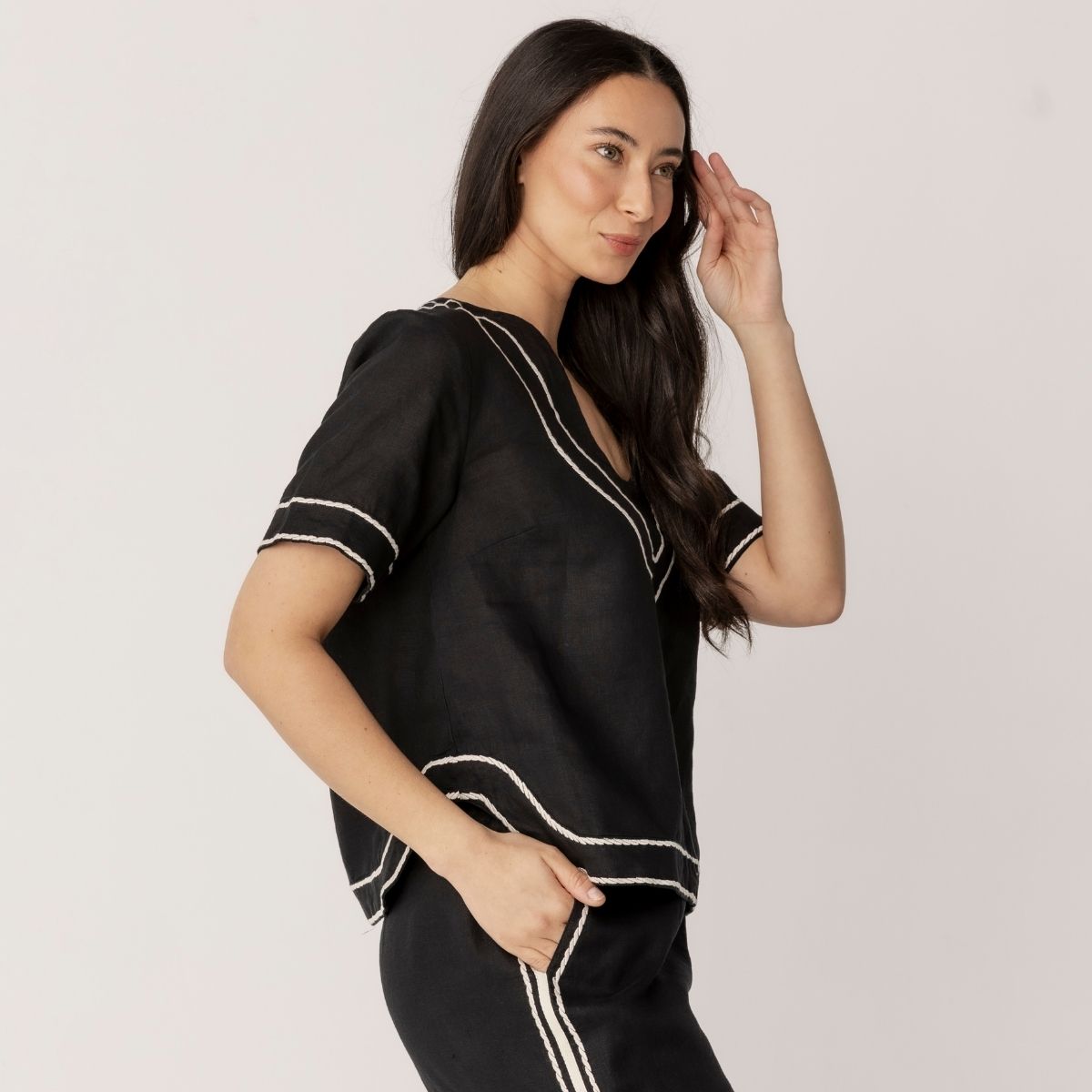 100% Linen Embroidery Trim Short Sleeve Top