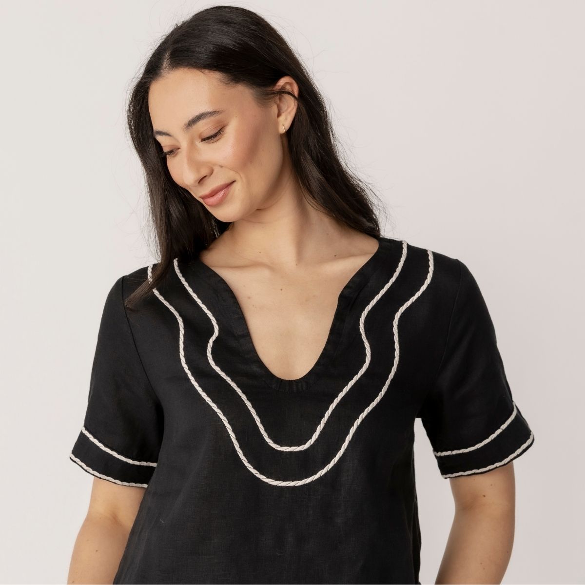 100% Linen Embroidery Trim Short Sleeve Top