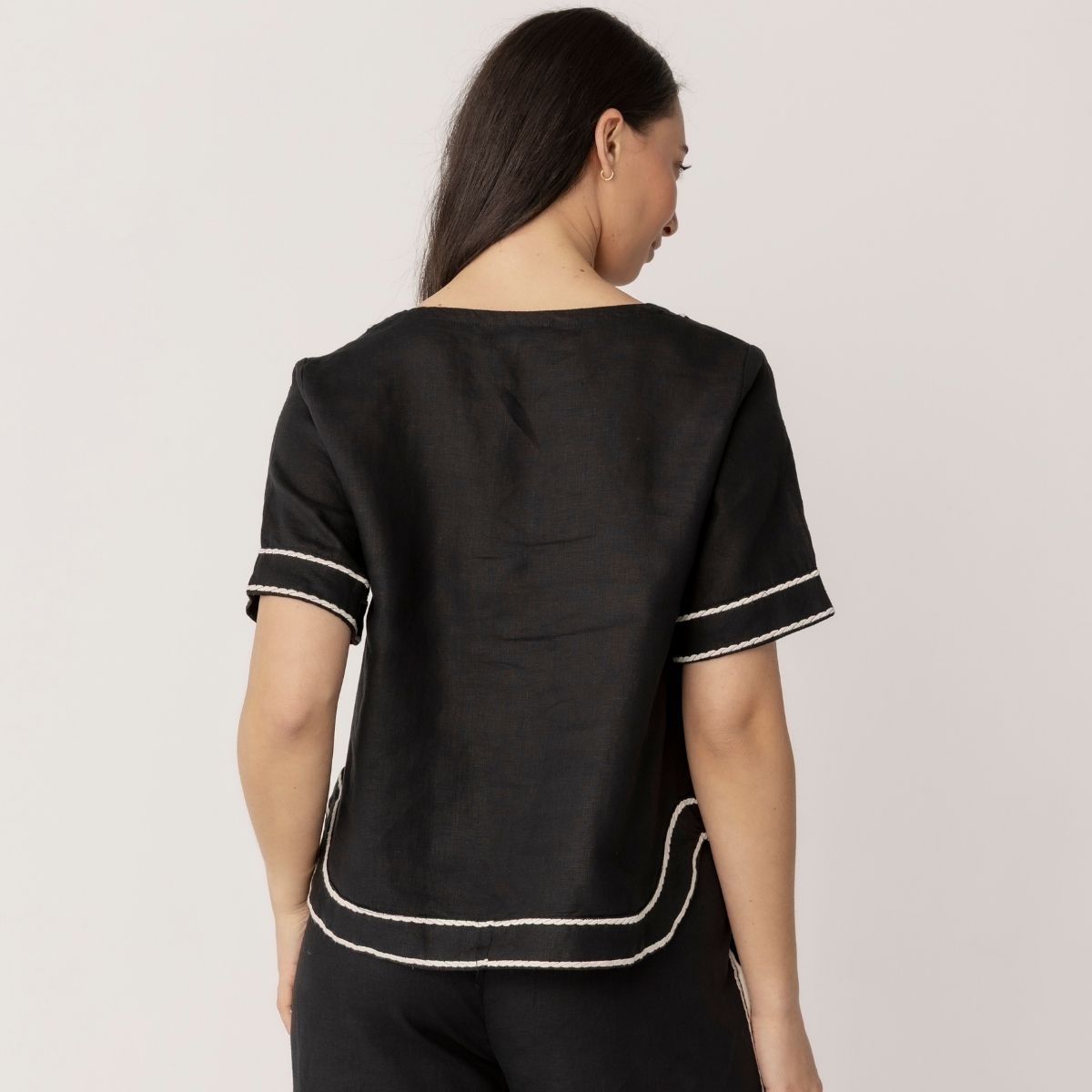 100% Linen Embroidery Trim Short Sleeve Top