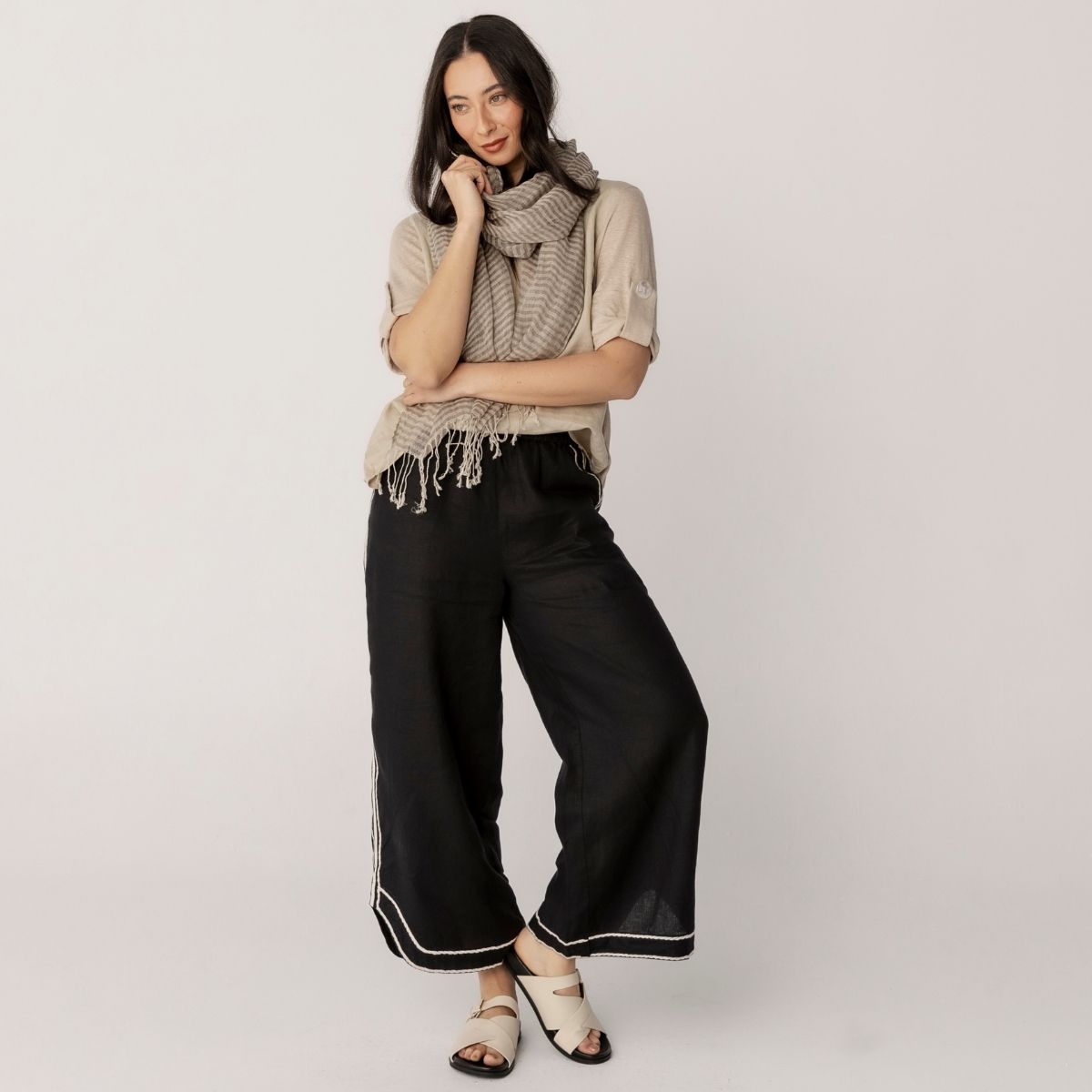100% Linen Embroidery Trim Wide Leg Pants