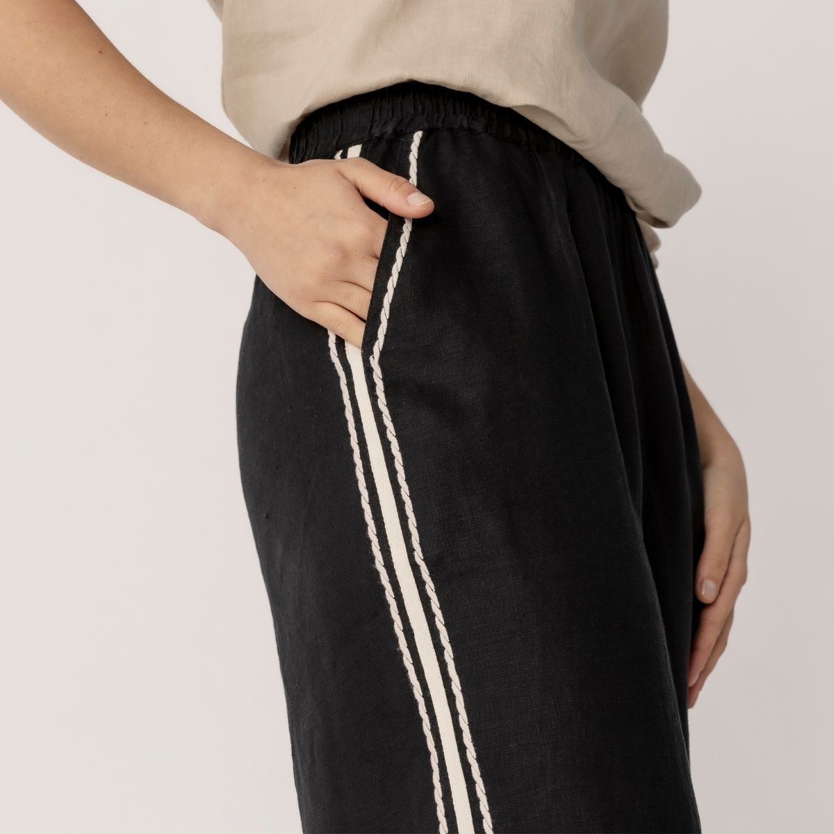 100% Linen Embroidery Trim Wide Leg Pants