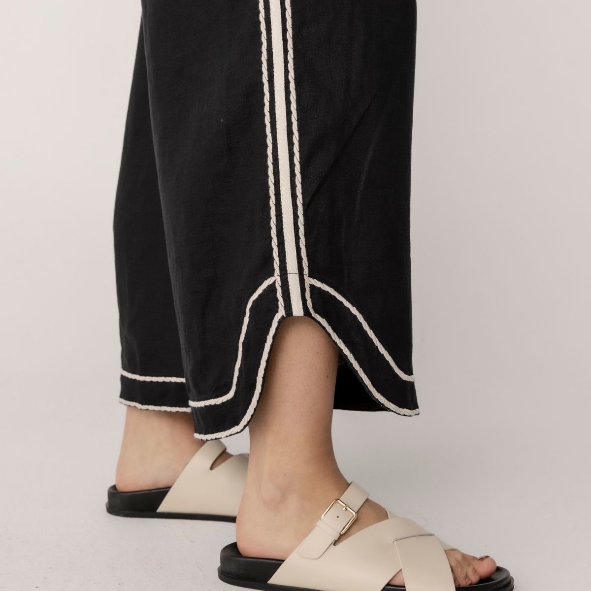 100% Linen Embroidery Trim Wide Leg Pants