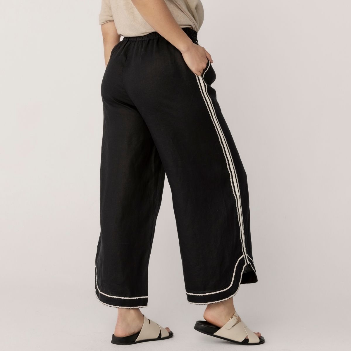 100% Linen Embroidery Trim Wide Leg Pants