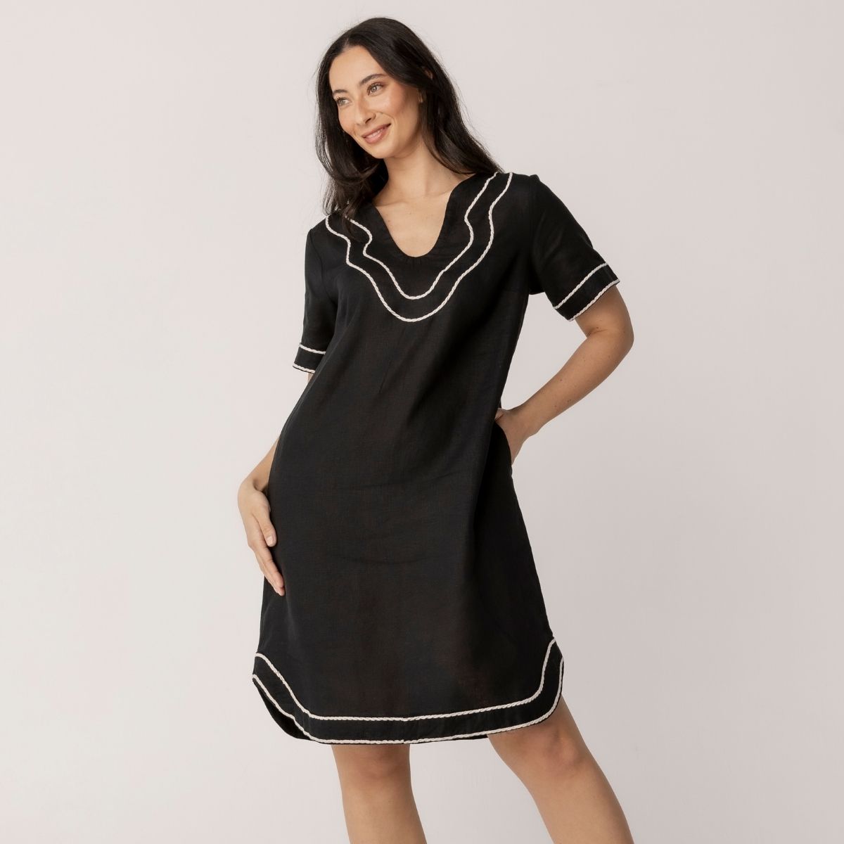 100% Linen Embroidery Trim Dress