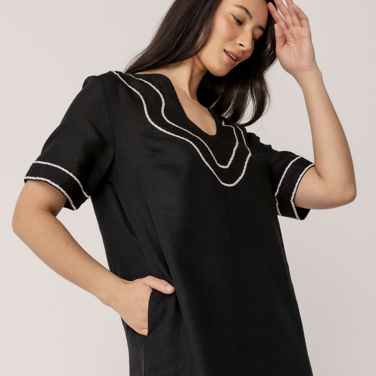 100% Linen Embroidery Trim Dress