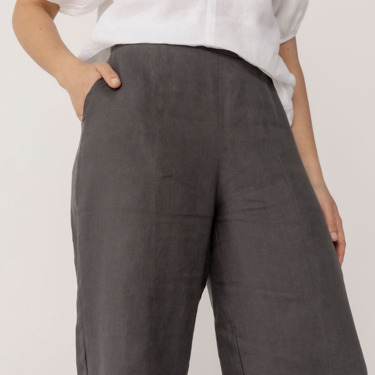 100% Linen 7/ 8 Seam Detail Wide Leg Pants