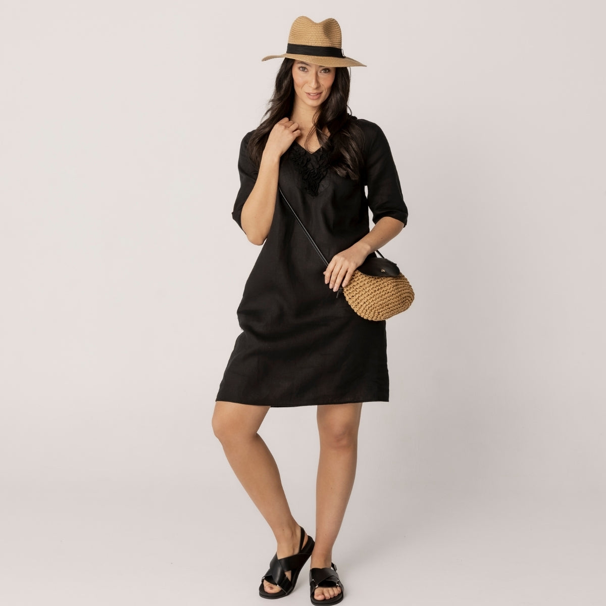 Linen 3/4 Sleeve Ruffle Front Dress
