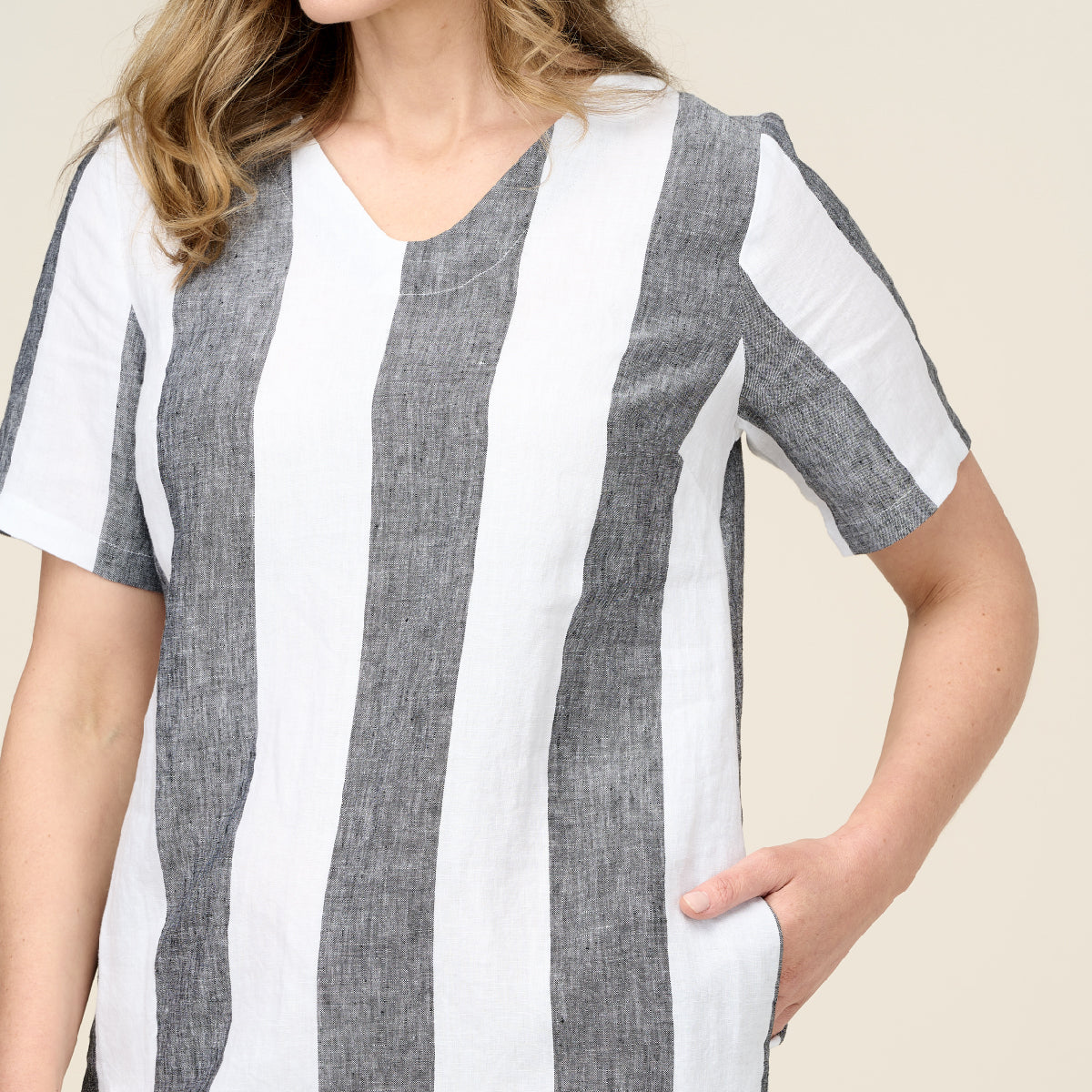 Linen Yarn Dye Stripe Short Sleeve Dress