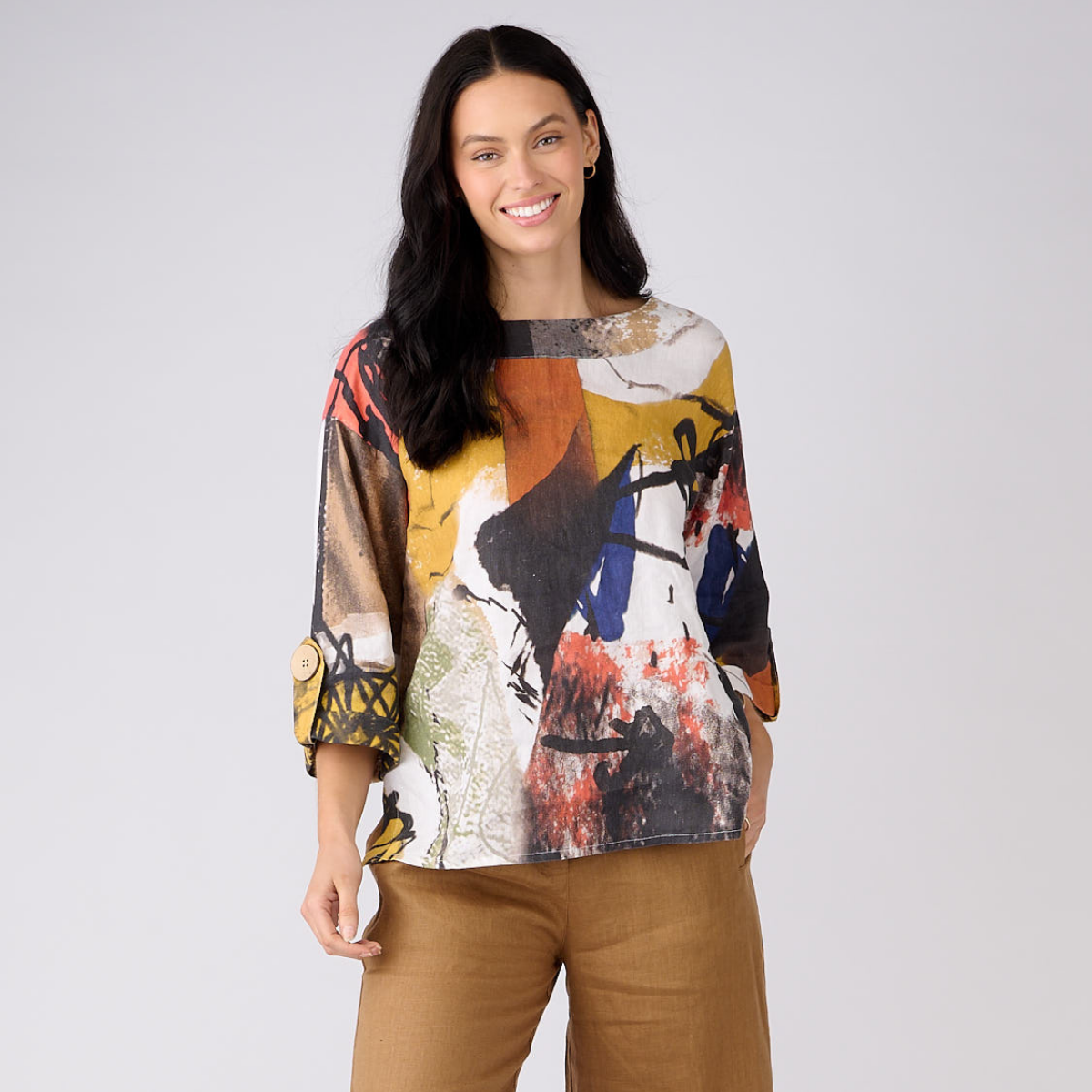 Linen 3/4 Sleeve Feature Top