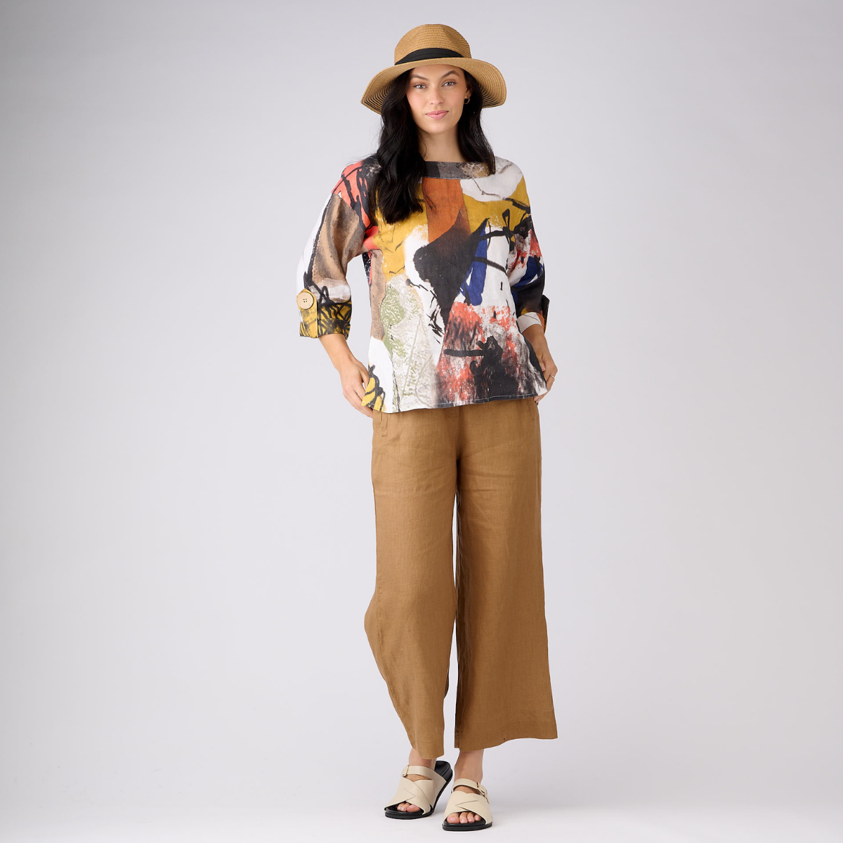 Linen 3/4 Sleeve Feature Top