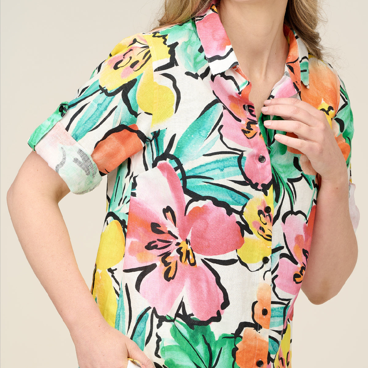Linen Print 3/4 Sleeve Shirt