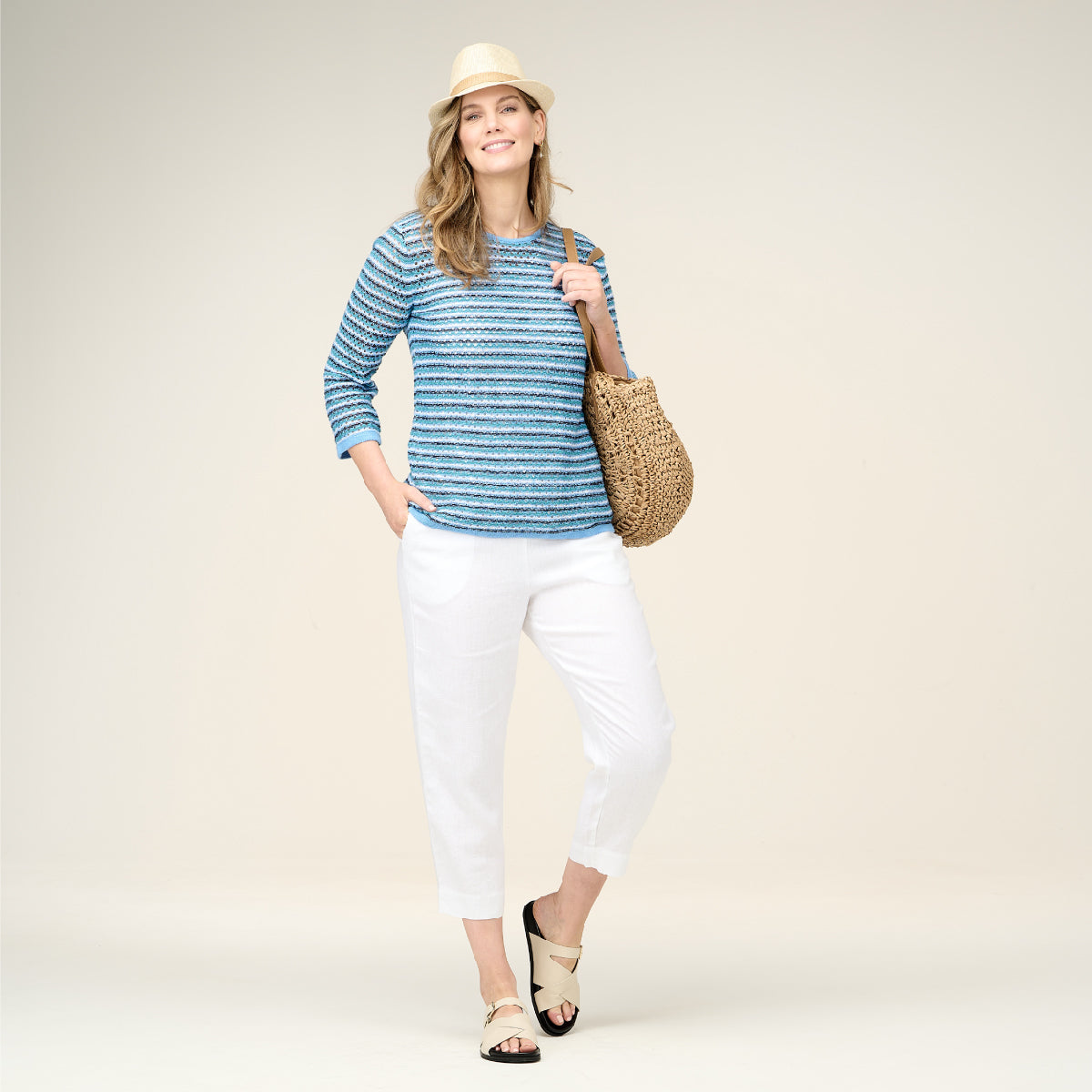 Cotton Linen 3/4 Sleeve Crochet Look Pullover