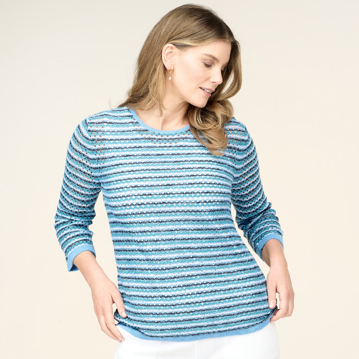 Cotton Linen 3/4 Sleeve Crochet Look Pullover