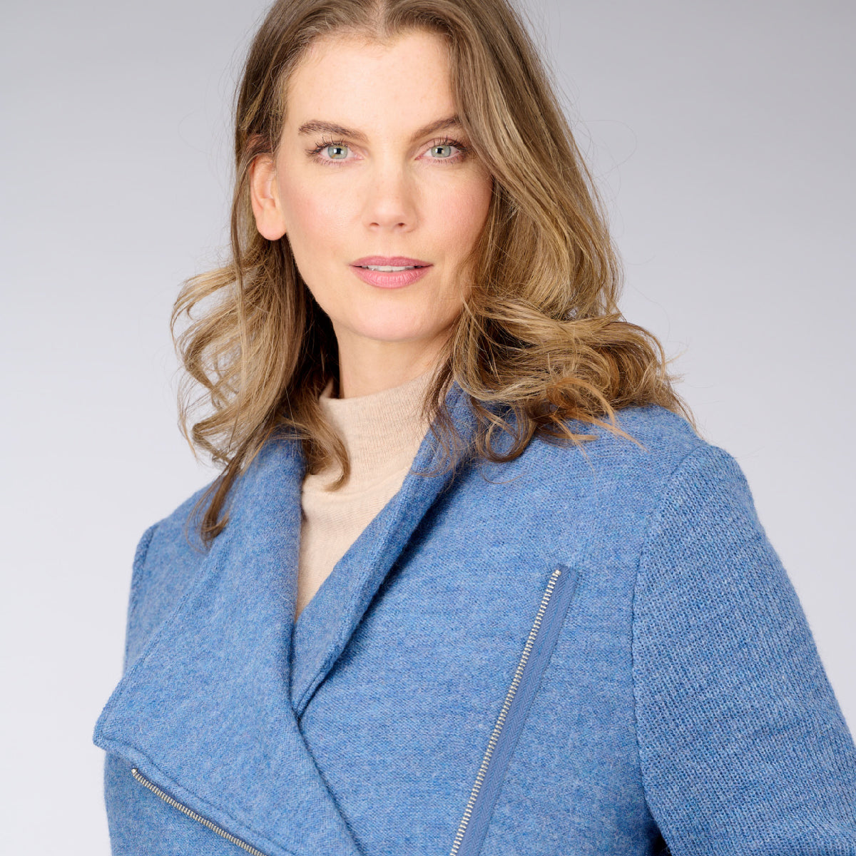 Boiled Wool Zip Front Ribbed Sleeve Coat