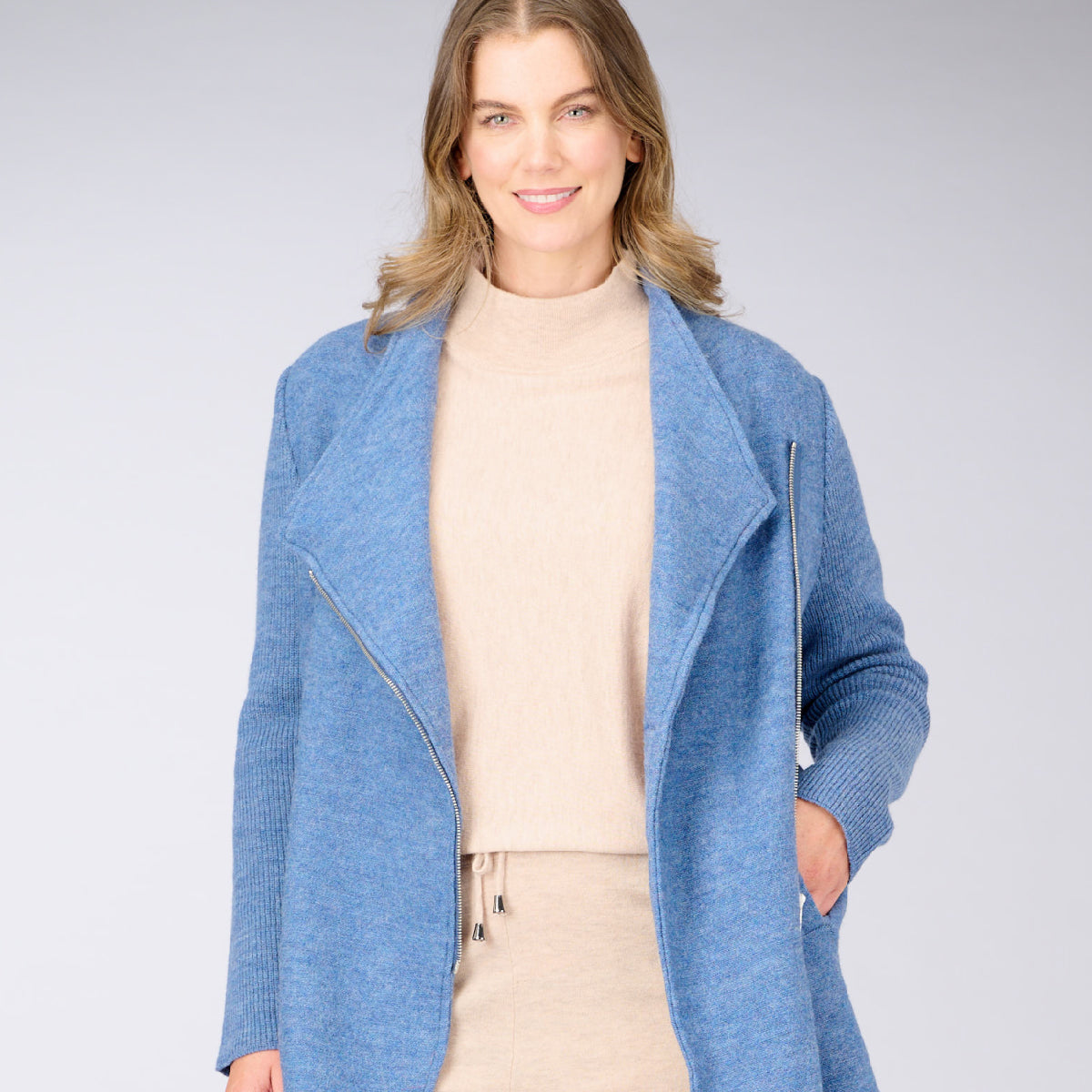 Boiled Wool Zip Front Ribbed Sleeve Coat