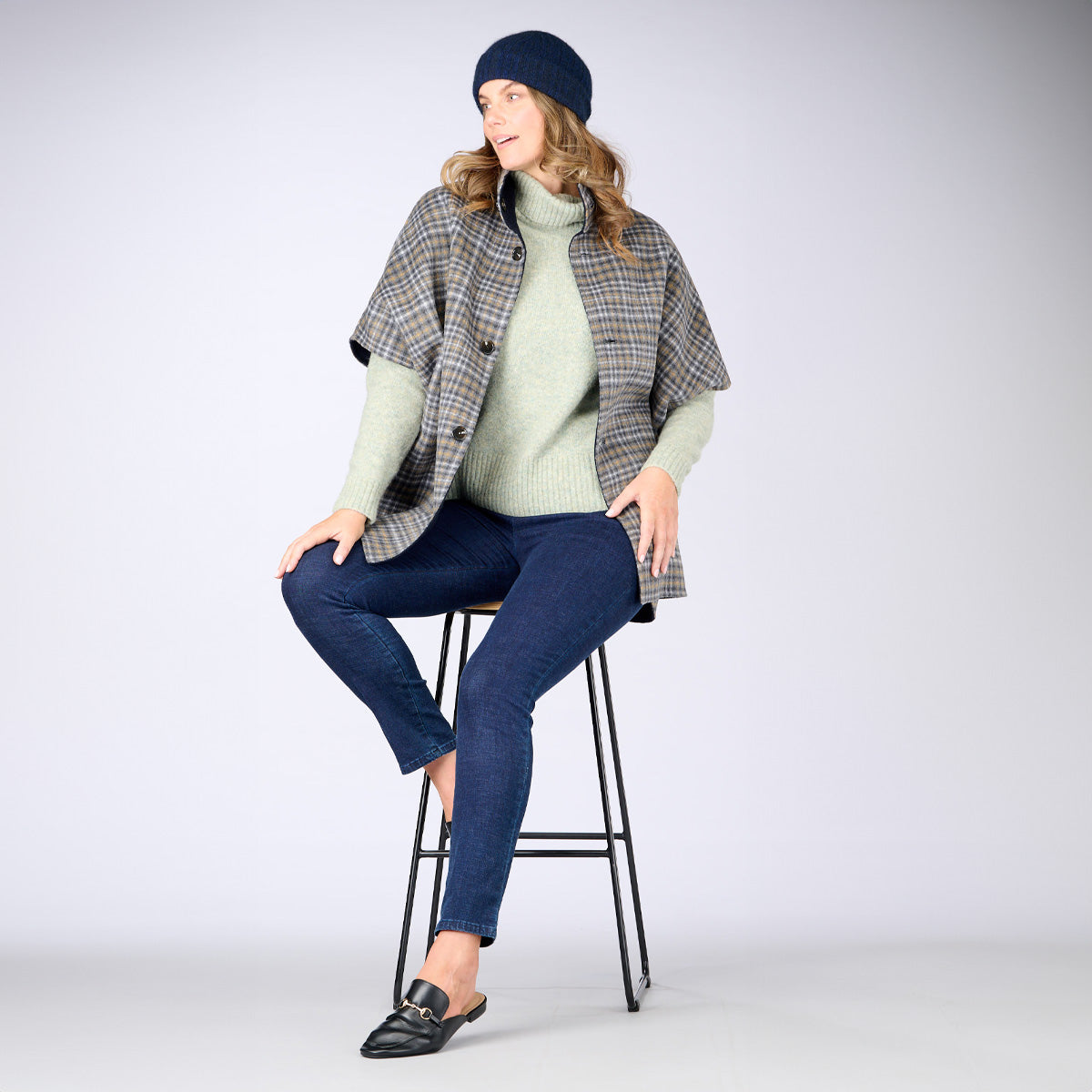 Wool Blend Reversible Cape Check