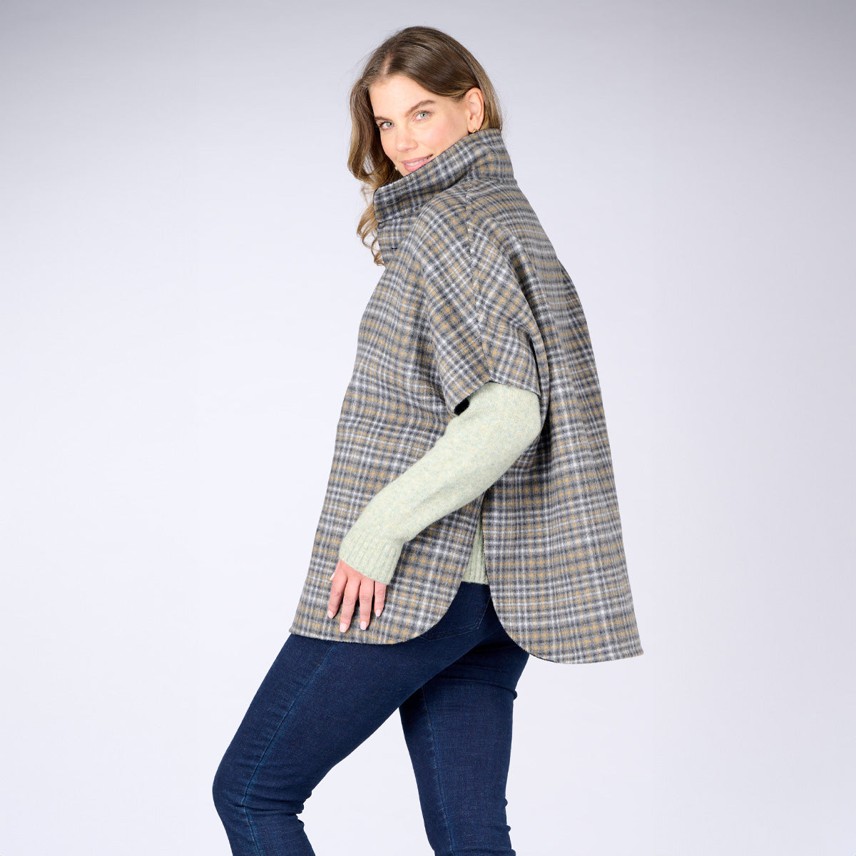 Wool Blend Reversible Cape Check