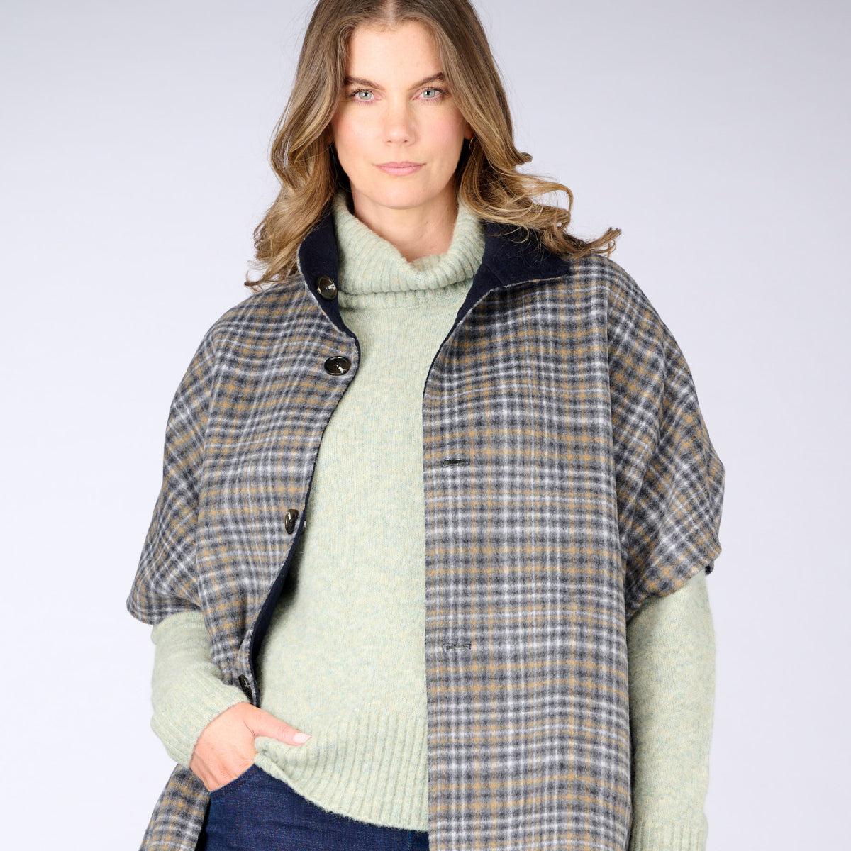 Wool Blend Reversible Cape Check