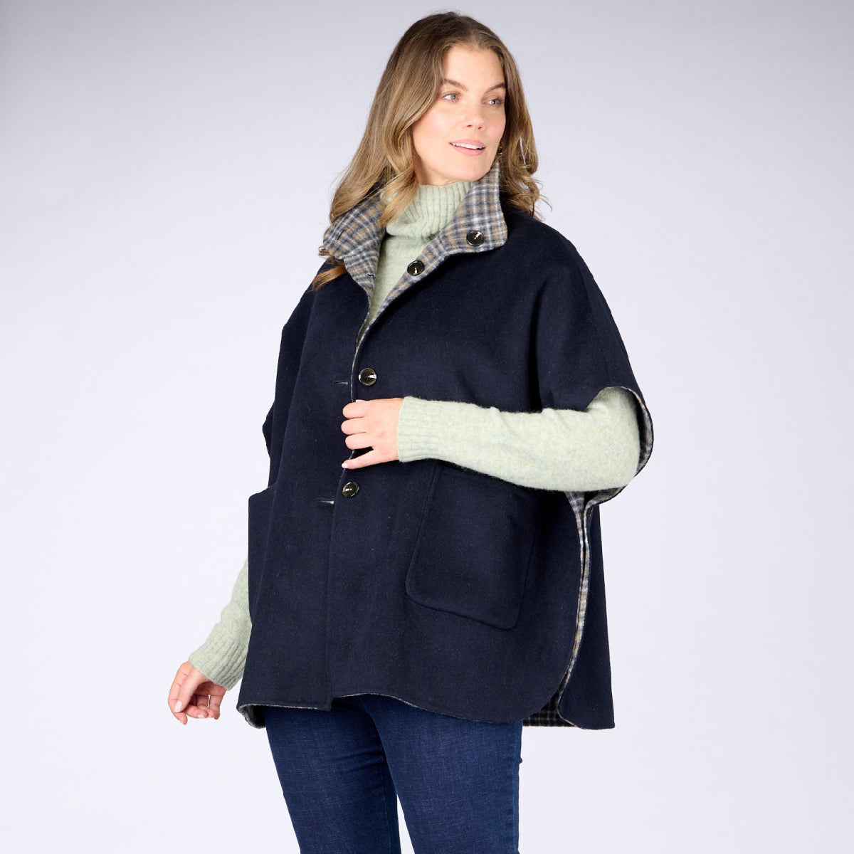 Wool Blend Reversible Cape Check