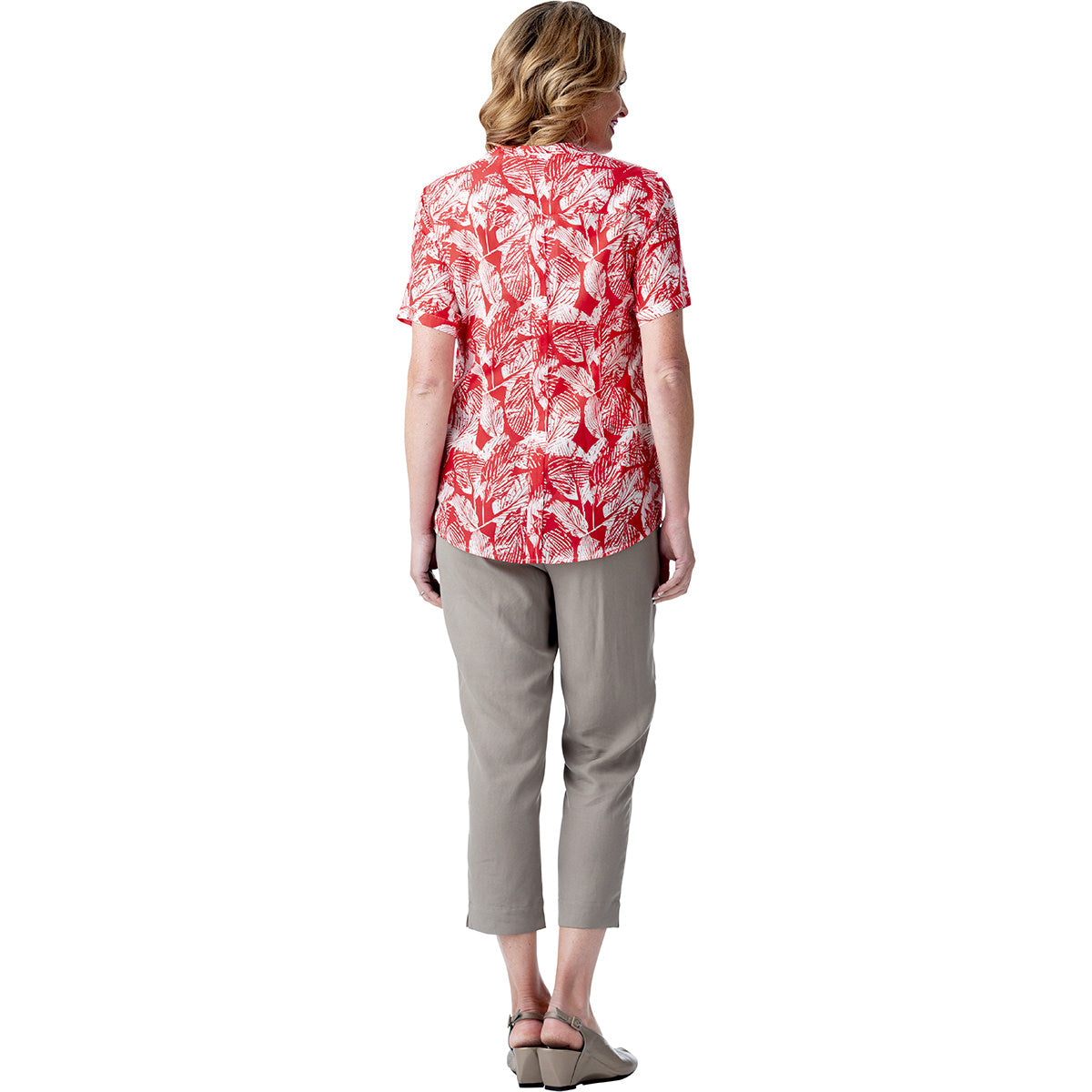 Short Sleeve Cotton Silk Pintuck Shirt Leaf Print