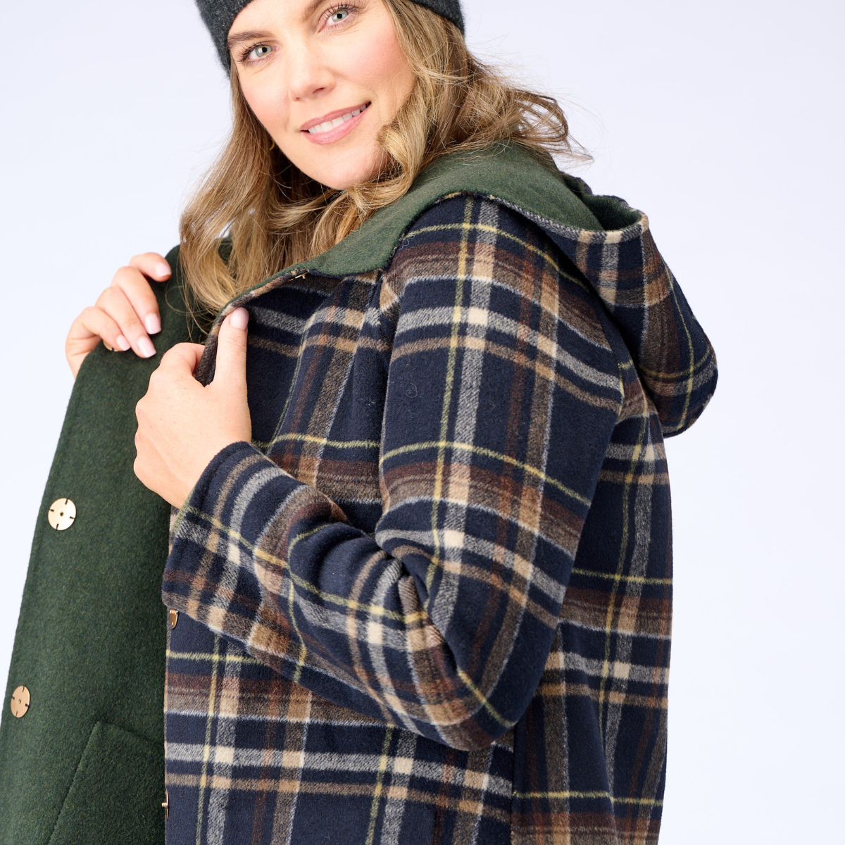 Wool Blend Reversible Hooded Coat Check