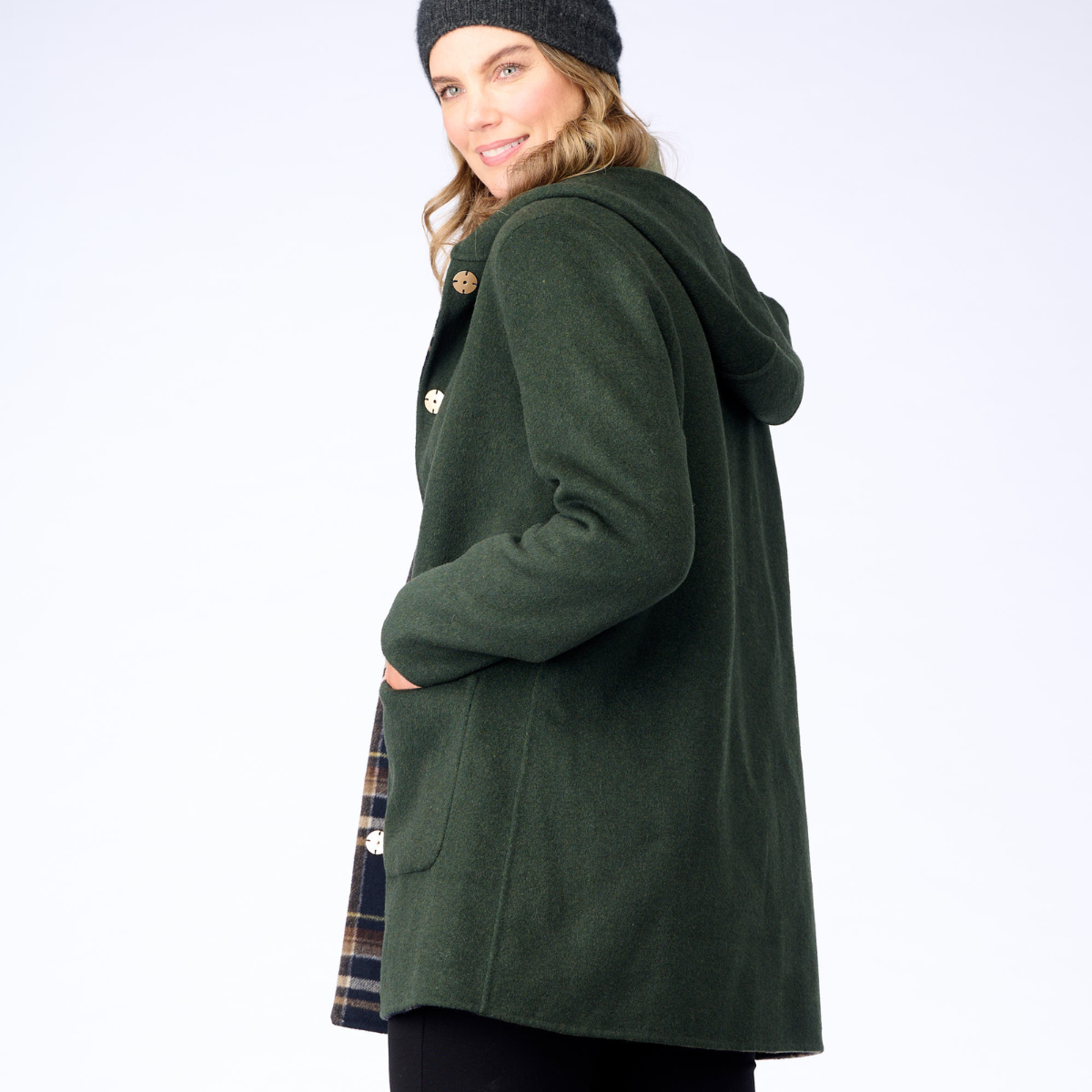 Wool Blend Reversible Hooded Coat Check