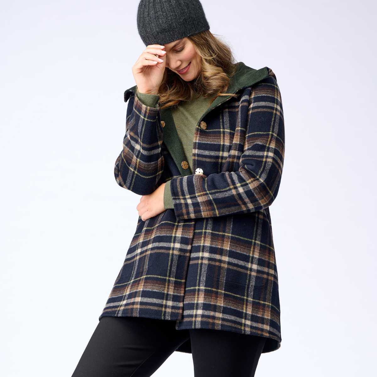 Wool Blend Reversible Hooded Coat Check