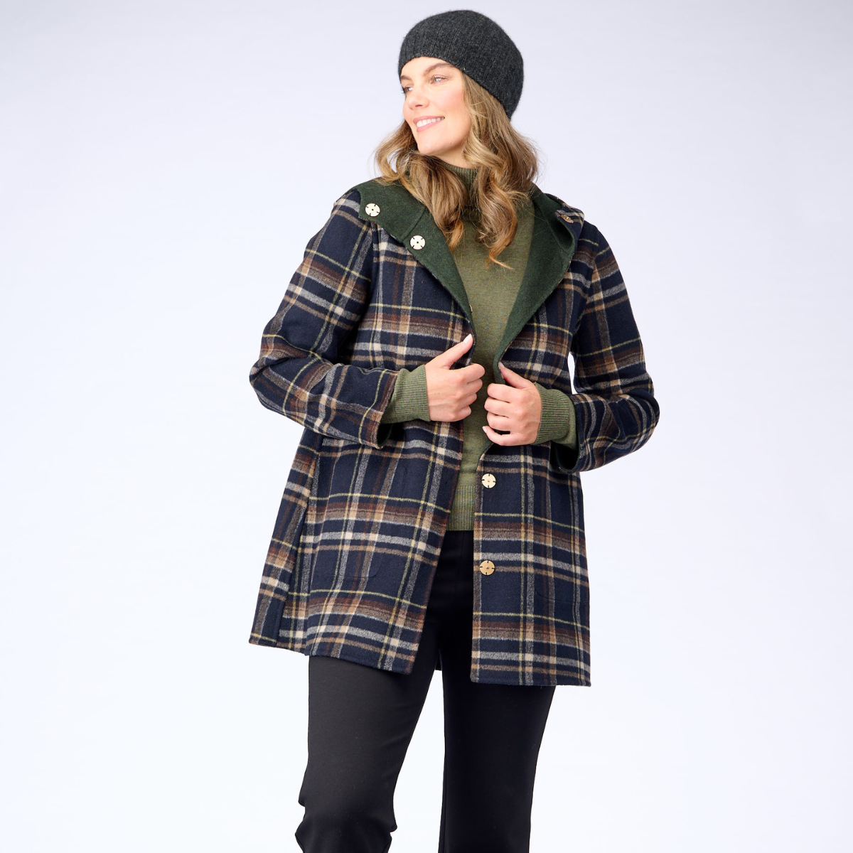 Wool Blend Reversible Hooded Coat Check