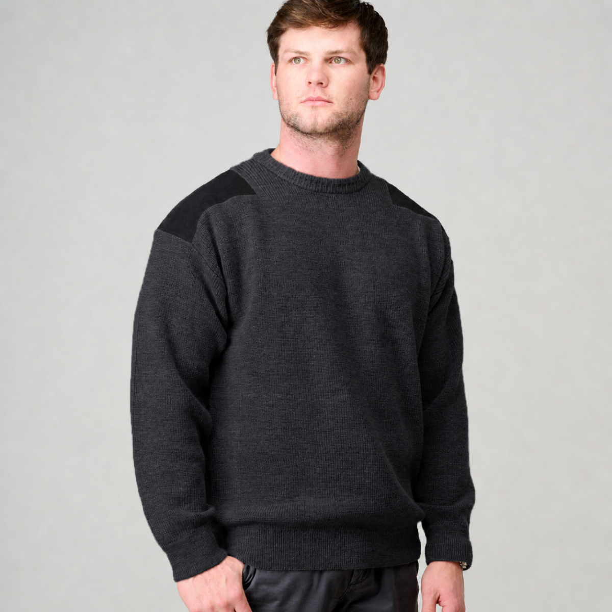 Crew Neck Shaker With Suede Patches