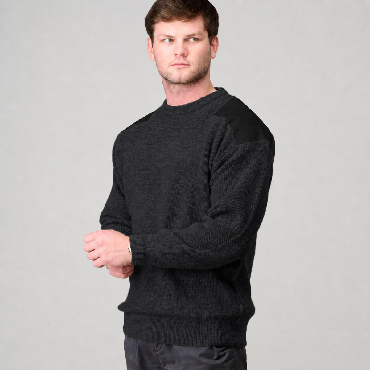 Crew Neck Shaker With Suede Patches