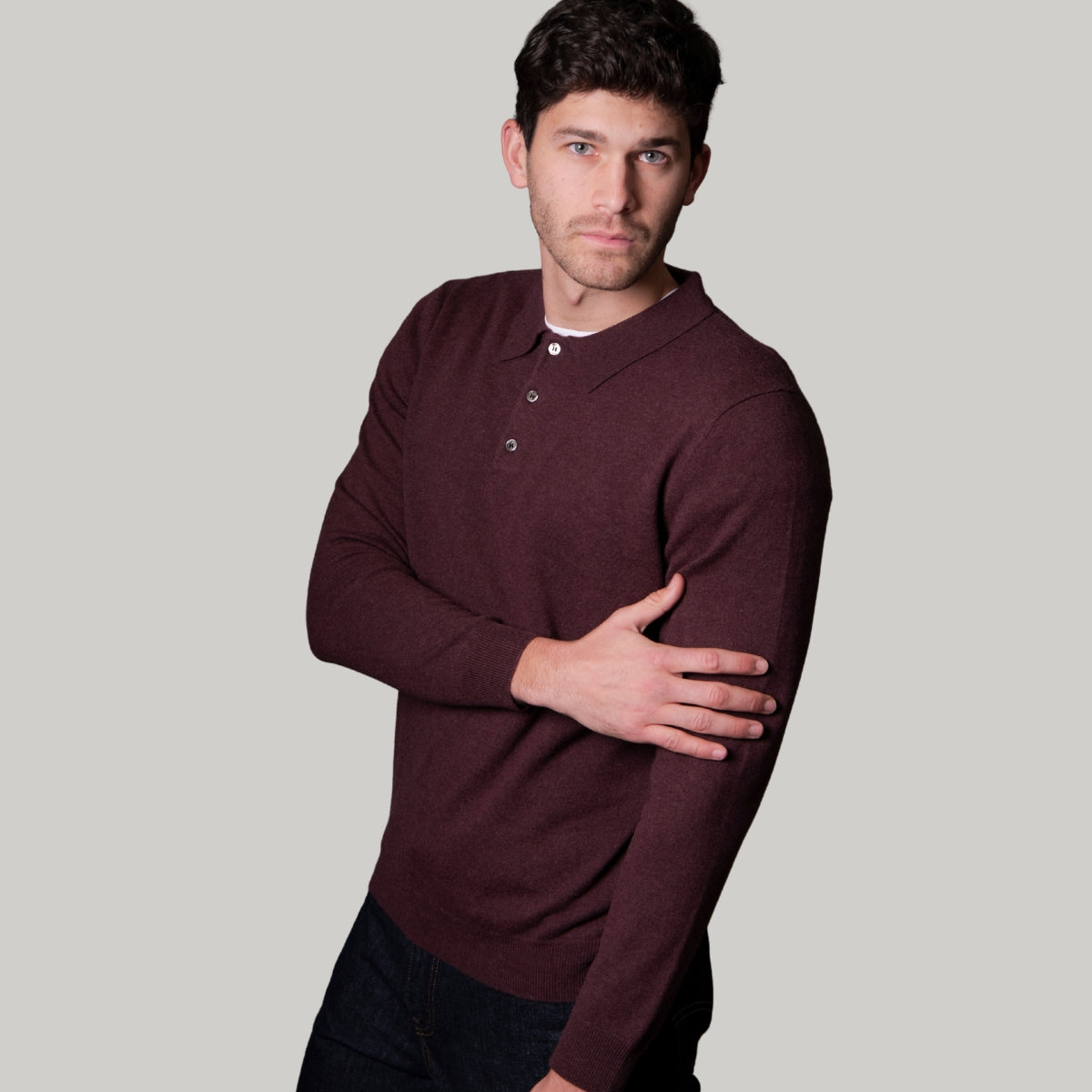 Merino Cashmere Collared Button Long Sleeve Polo