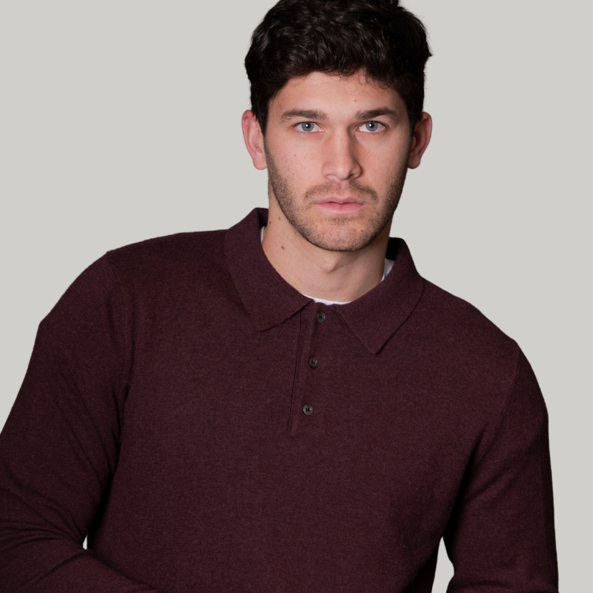 Merino Cashmere Collared Button Long Sleeve Polo