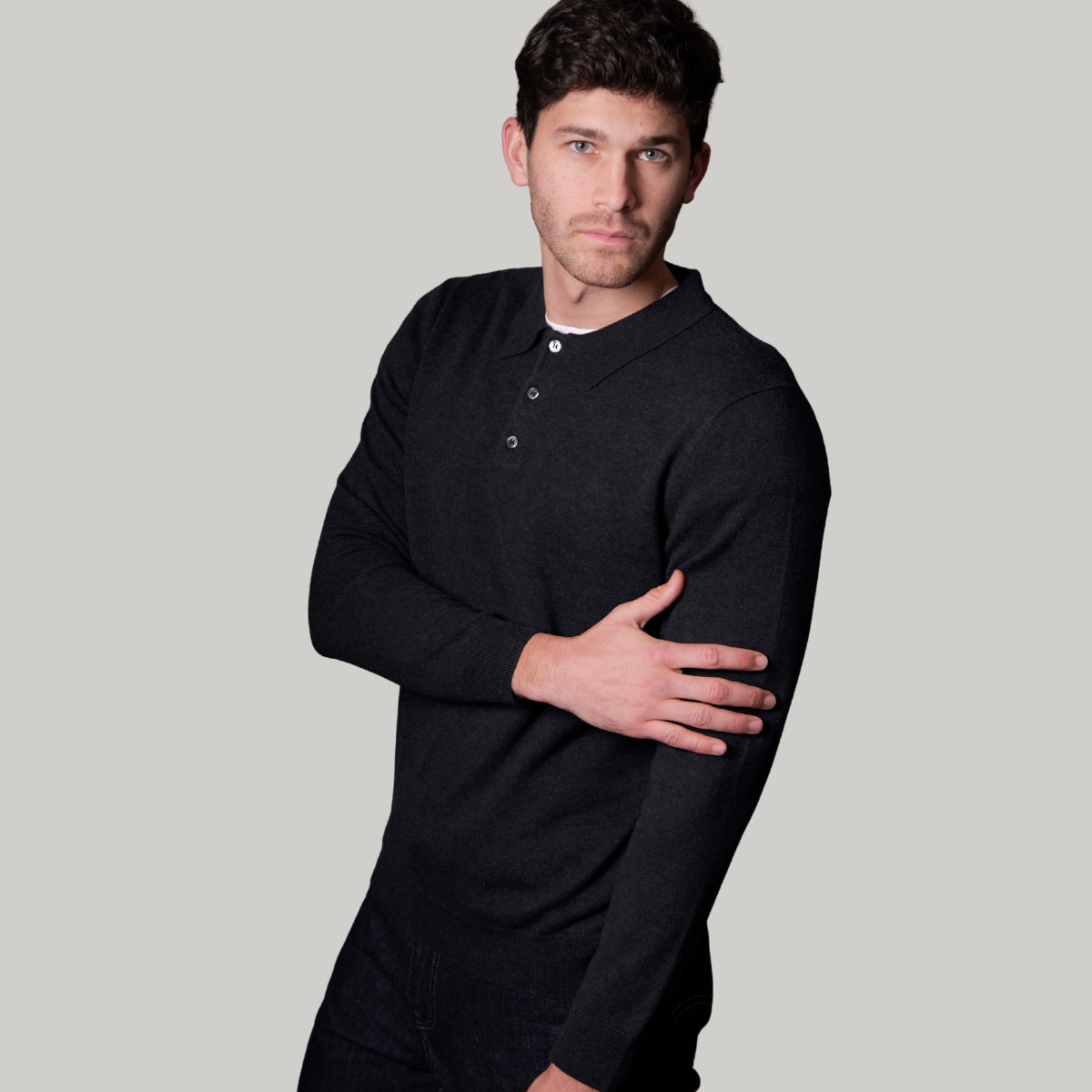 Merino Cashmere Collared Button Long Sleeve Polo