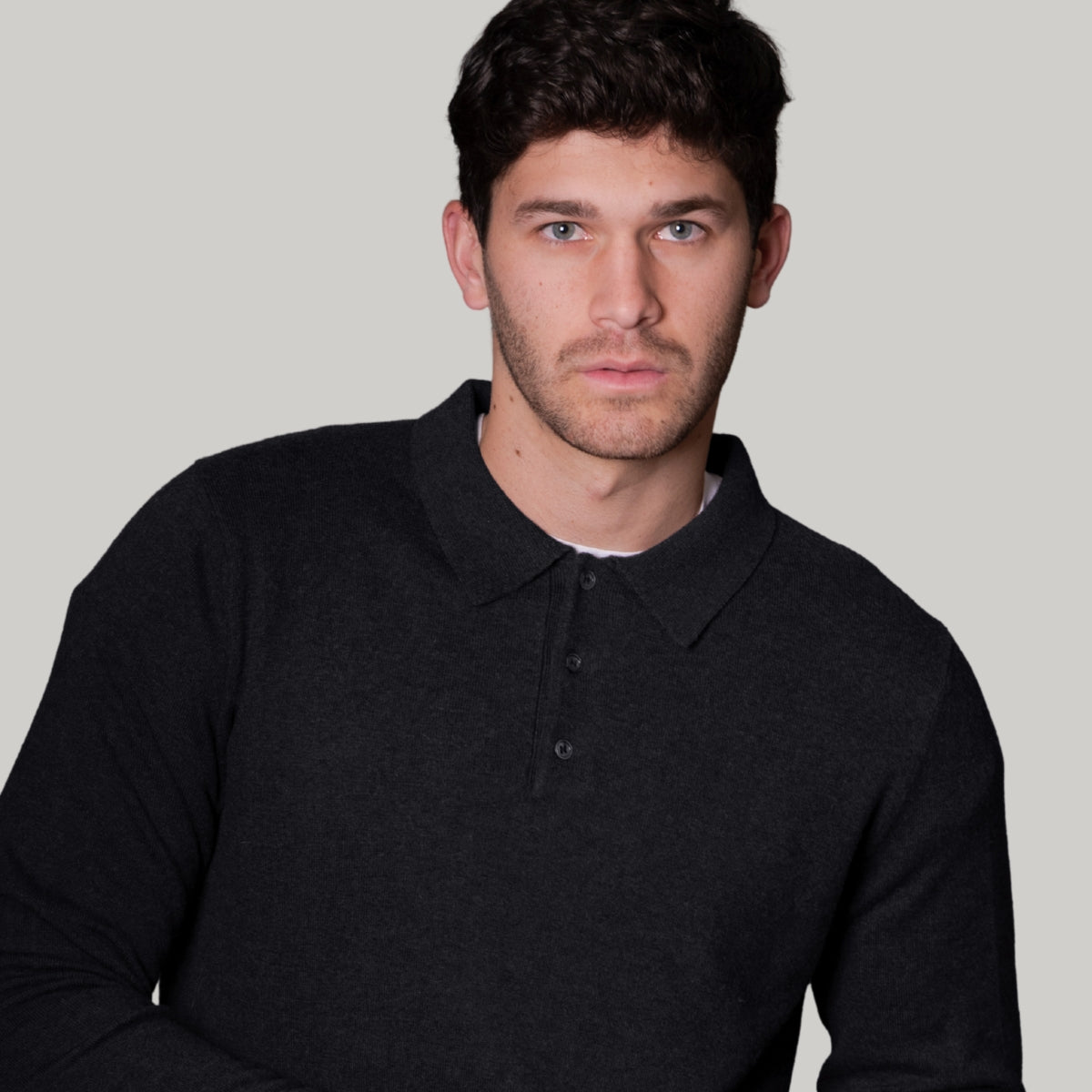 Merino Cashmere Collared Button Long Sleeve Polo