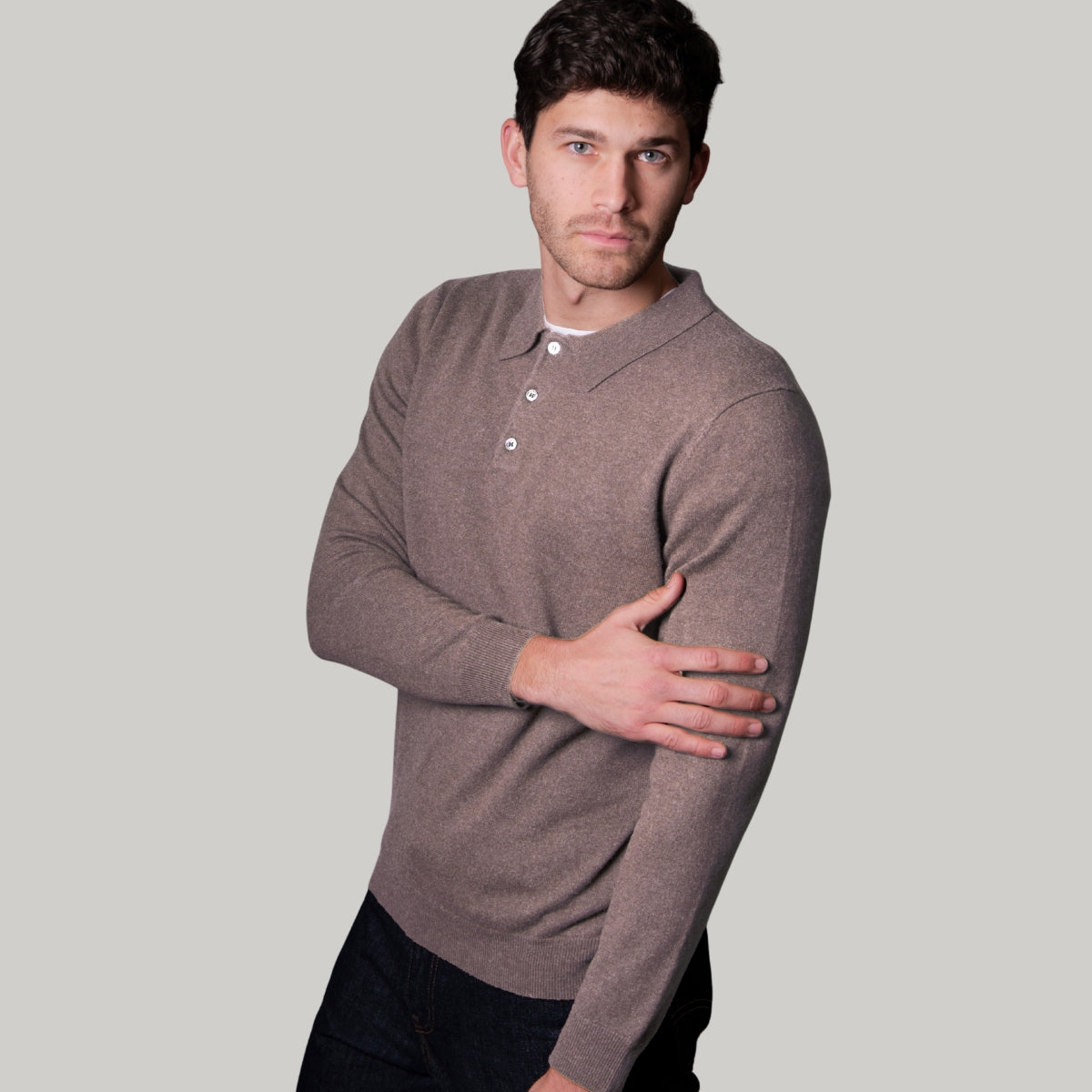 Merino Cashmere Collared Button Long Sleeve Polo