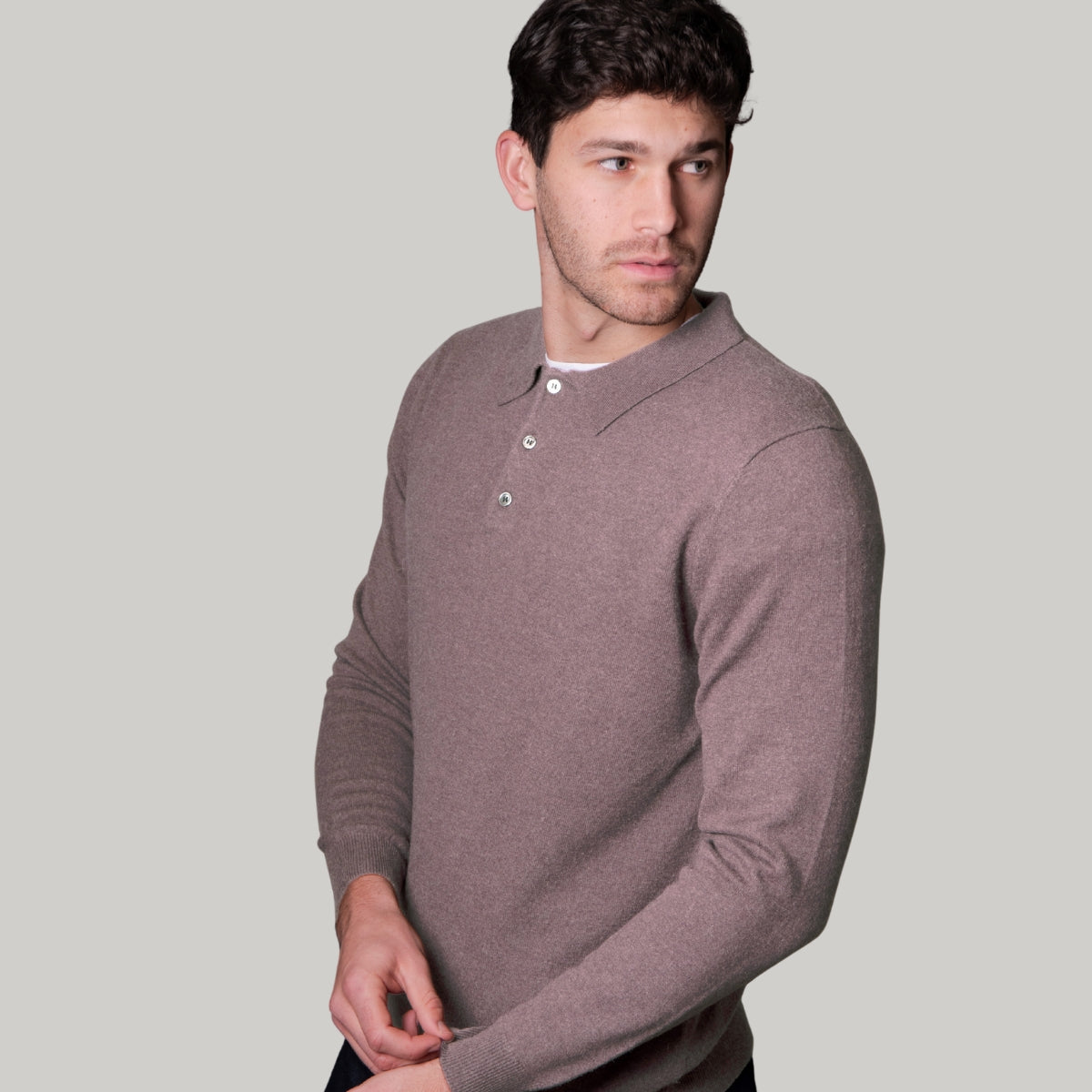 Merino Cashmere Collared Button Long Sleeve Polo